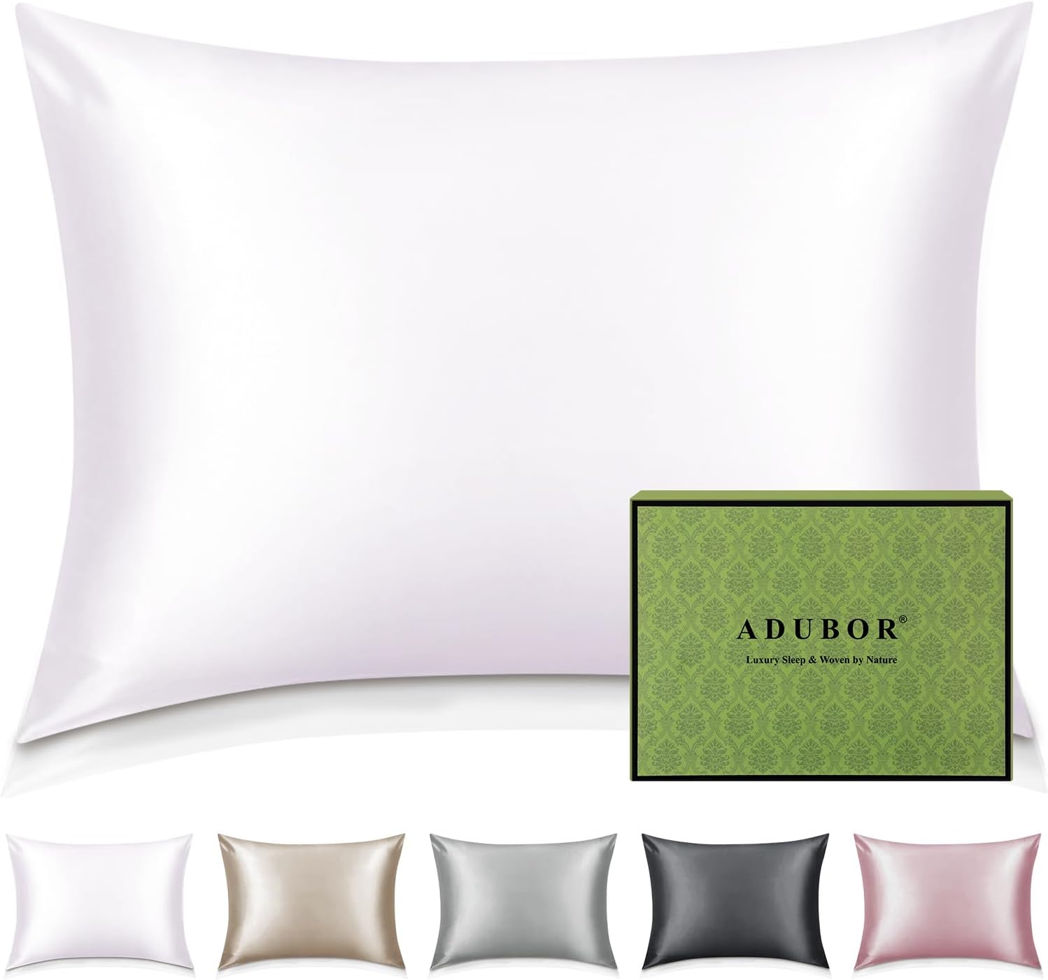 Detalle de Adubor 100% Seidenkissenbezug 40x80 cm (23 Momme, Grade 8A) mit verstecktem YKK-Reißverschluss – reines Weiß, 1 Stück