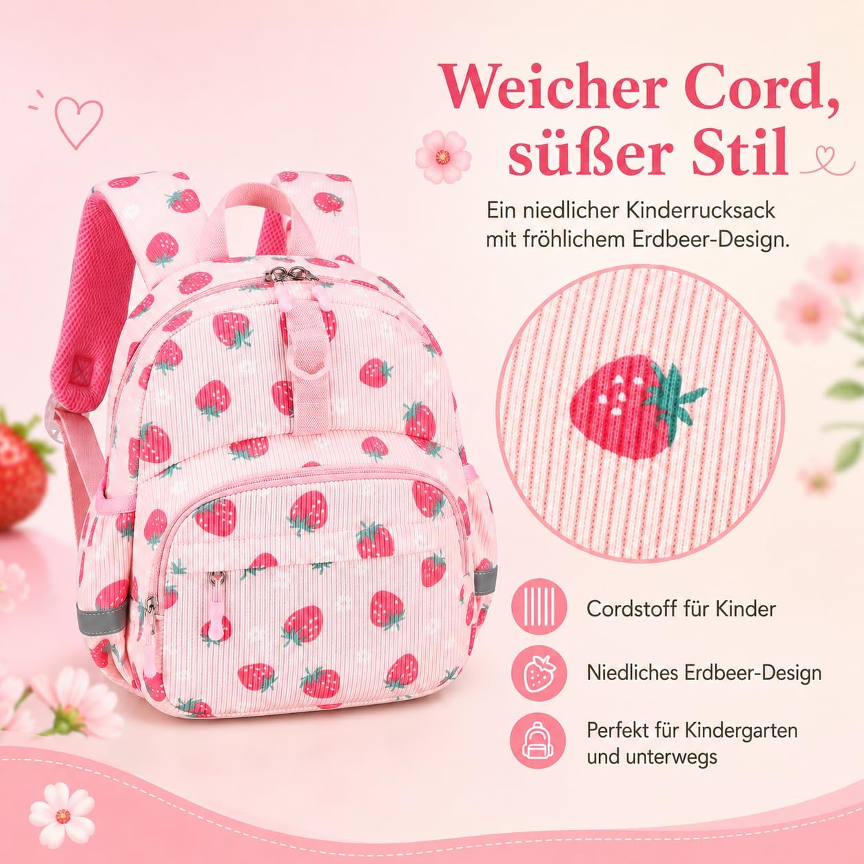 Detalle de LOIDOU Kleinkind-Rucksack Mädchen 12 Zoll – Rosa Erdbeeren & Blumen, 8 L, isolierte Fronttasche