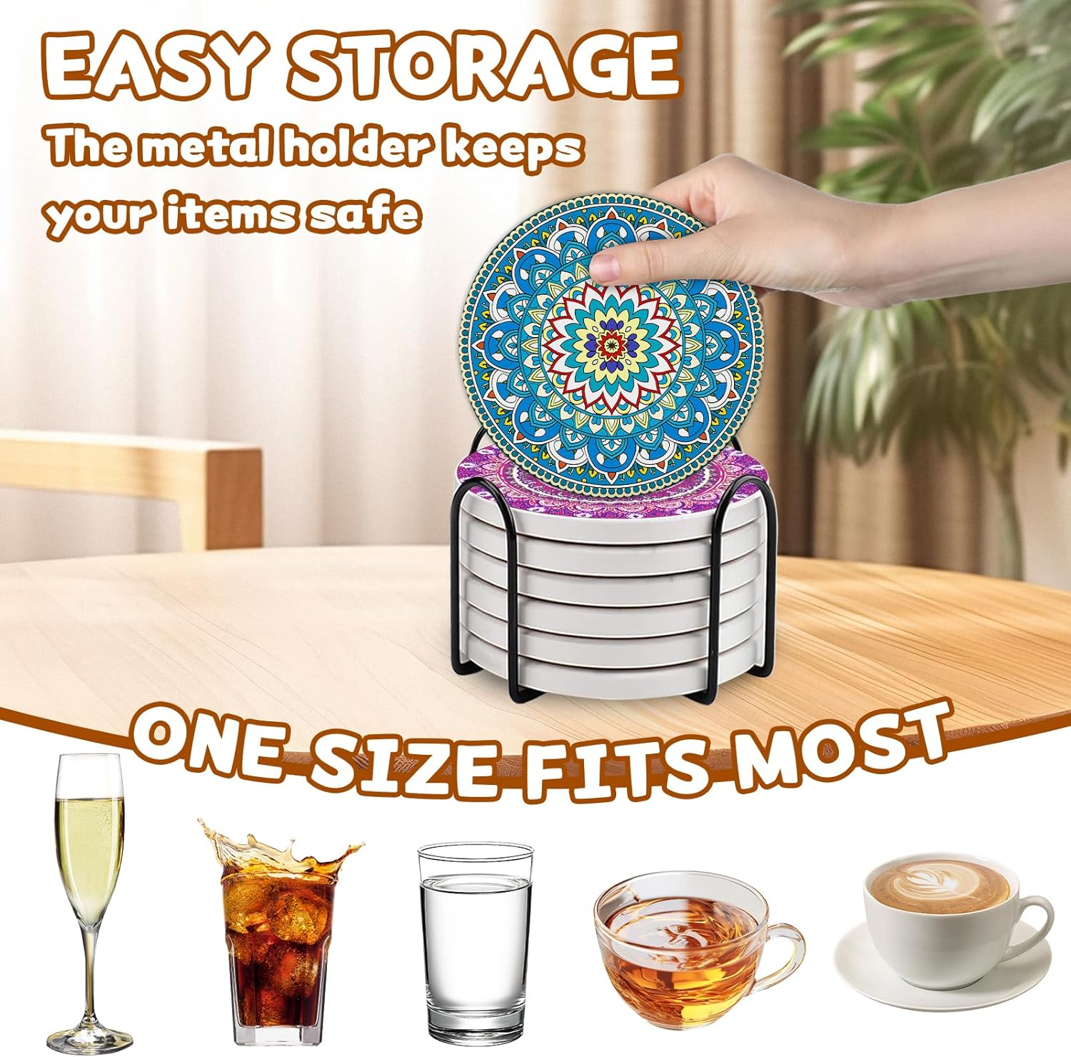 Detalle de Bohemia Mandala Ceramic Coasters, Set of 6 with Metal Holder