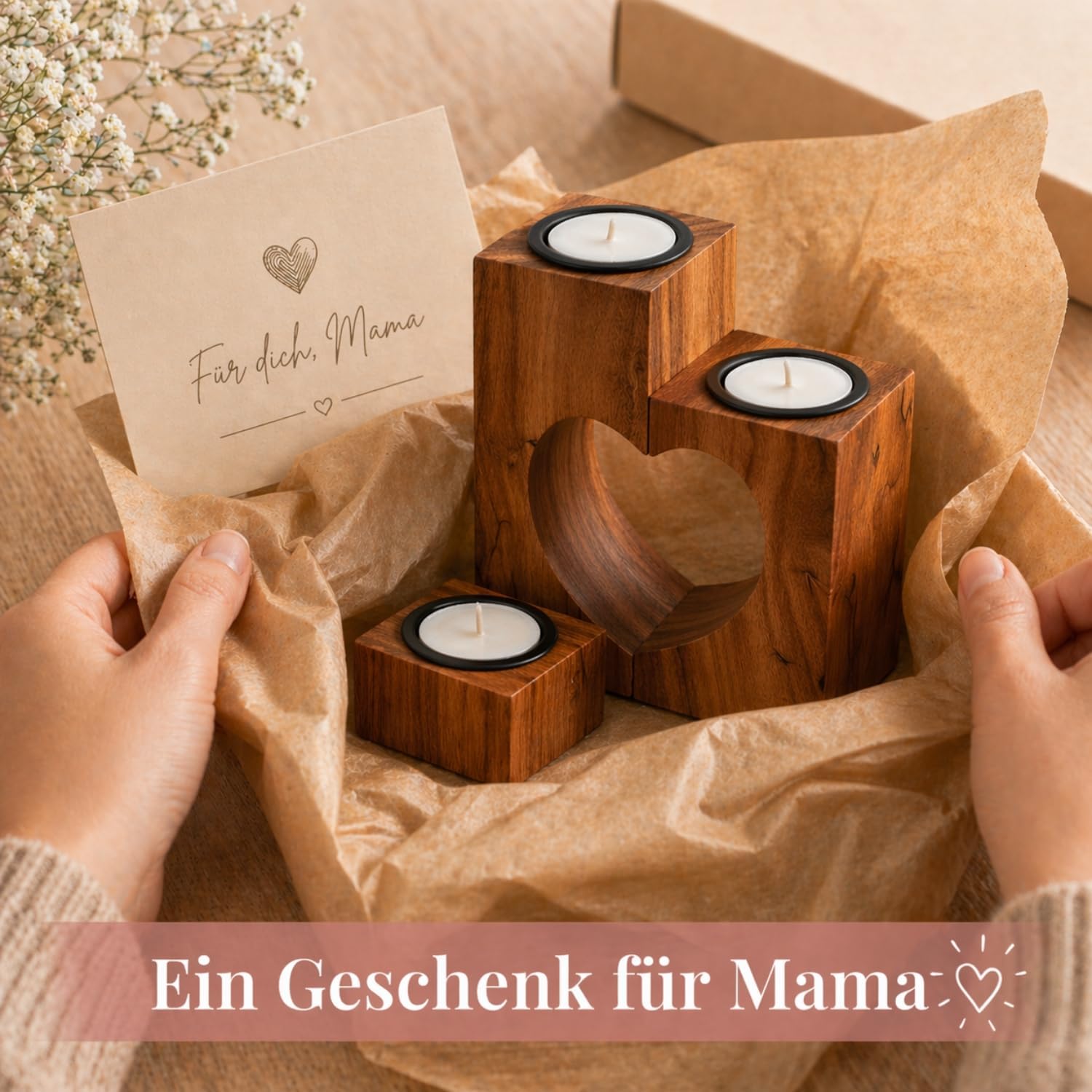 Thumbnail 3 de Muttertagsgeschenk: Teelichthalter Herz aus Akazienholz (3-teilig, 15 cm) von Plogis