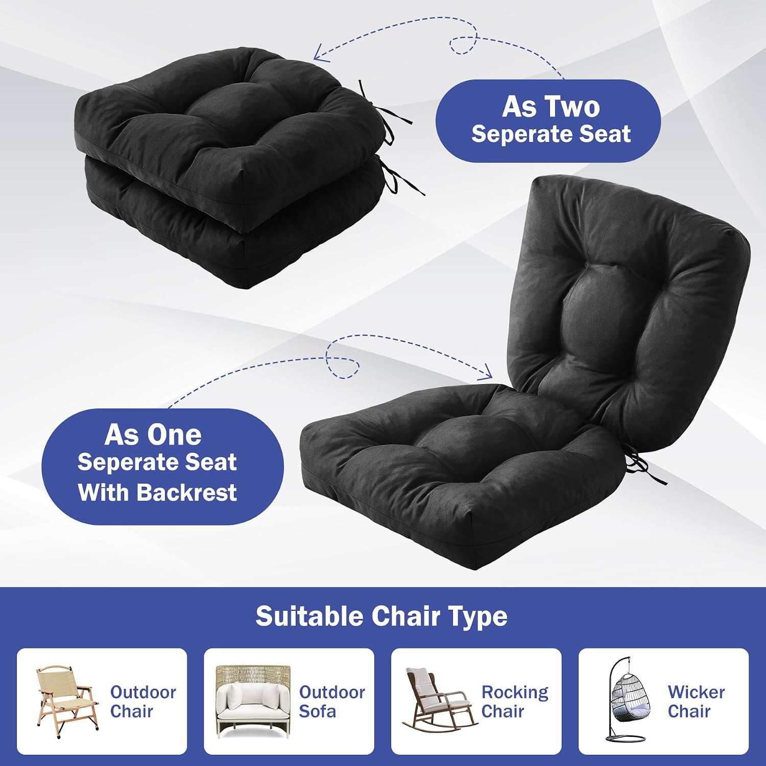 Thumbnail 5 de IPYNBAP Outdoor Chair Cushions, Set of 2, Black, Tufted, 5-Inch Thick