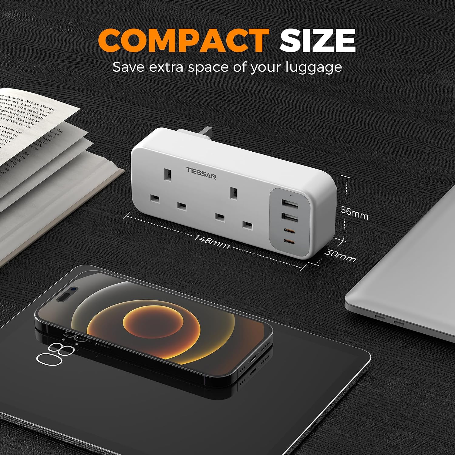 Detalle de TESSAN 2 Way 6-in-1 Multi Plug Extension Socket with 4 USB (2 USB-C) – UK 13A Adaptor