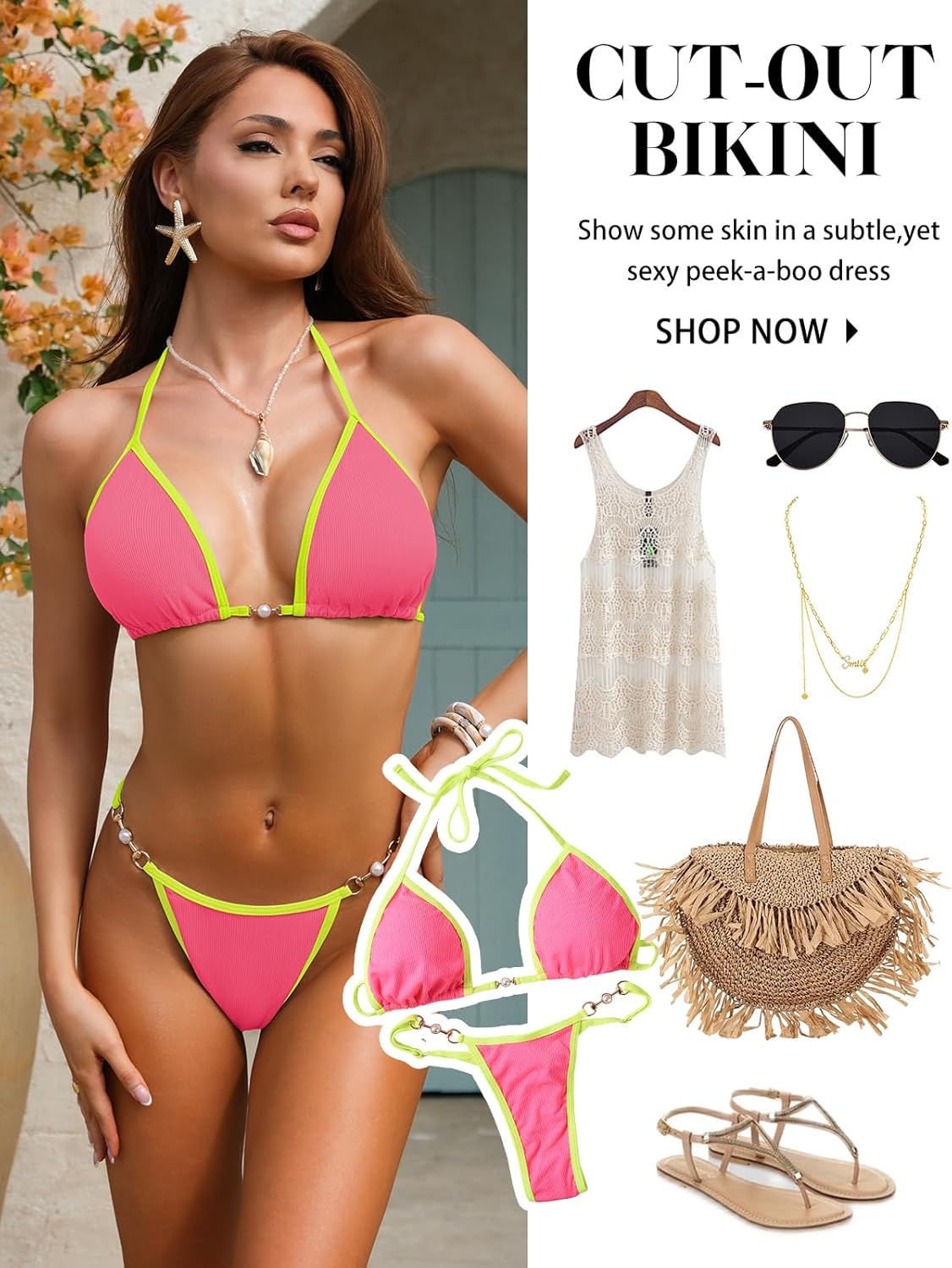 Detalle 2 de UMIPUBO Maillot de Bain 2 Pieces Femme – Bikini sexy taille basse, cordons réglables et perles Élégant
