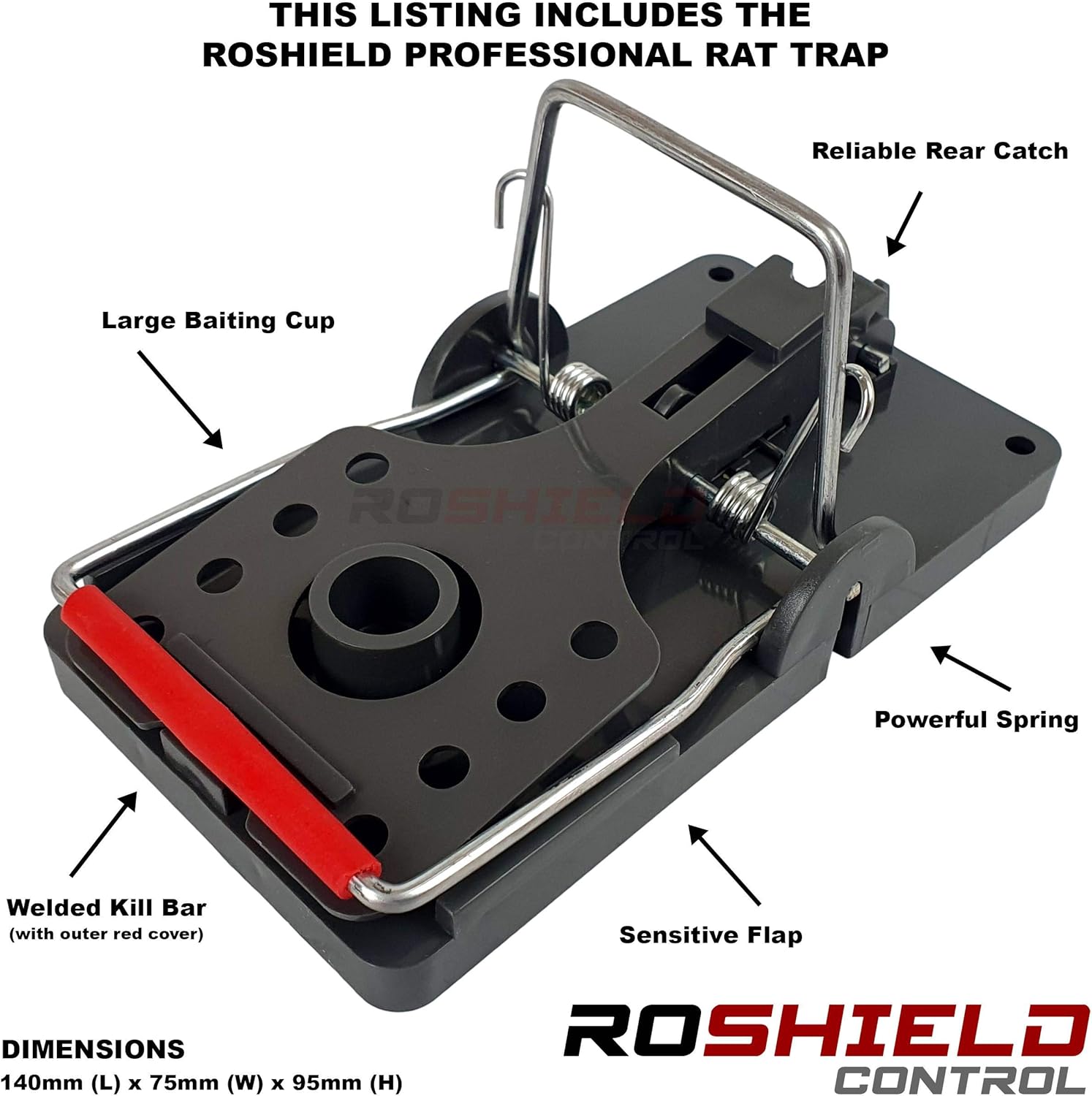 Detalle 1 de Roshield 4 x Rat Traps – professional-quality heavy duty snap traps for fast, reusable rat control
