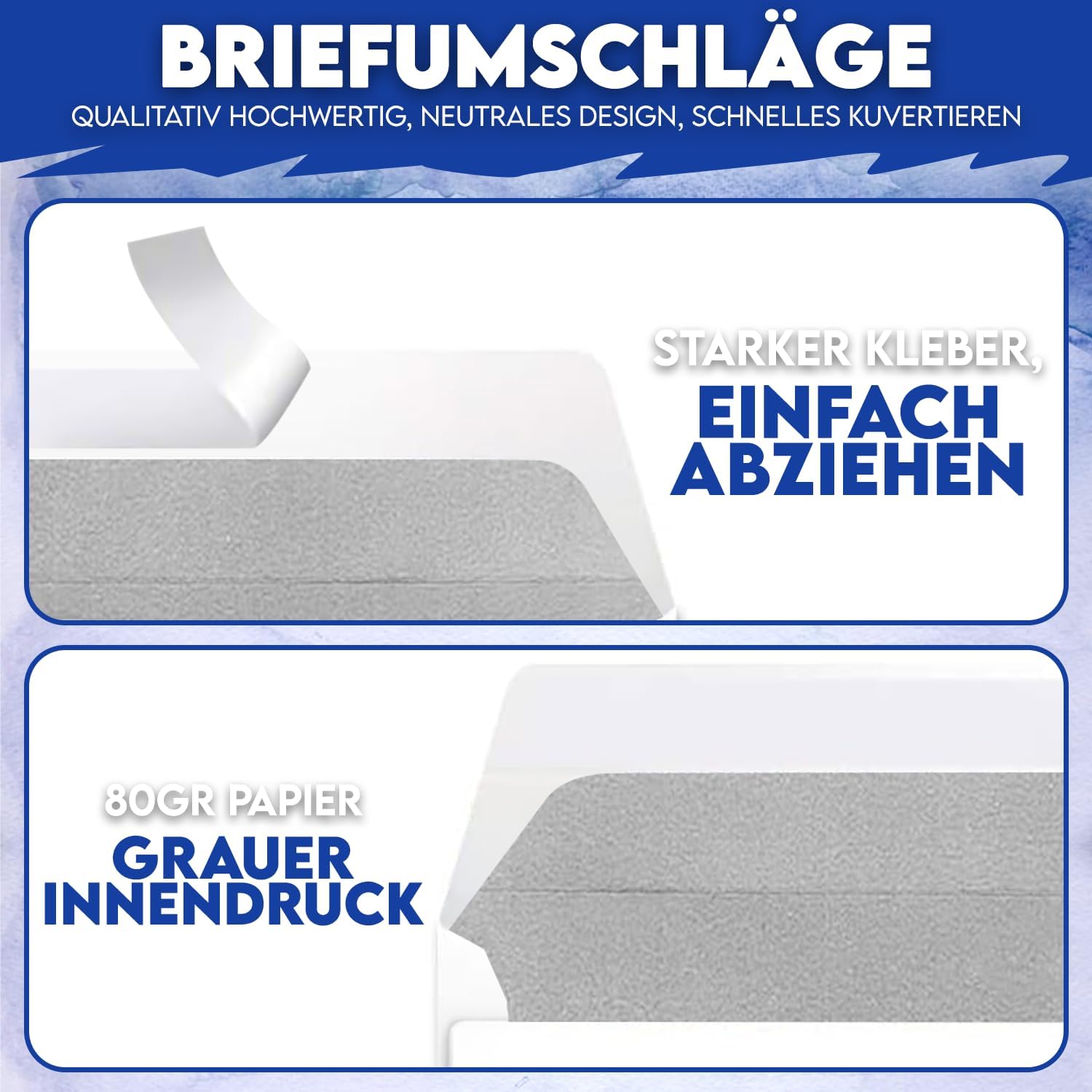Thumbnail 2 de 1000 Briefumschläge ohne Fenster DIN Lang 110 x 220 mm, 80 g/m² – weiße Kuverts mit grauem Innendruck & Selbstklebestreifen