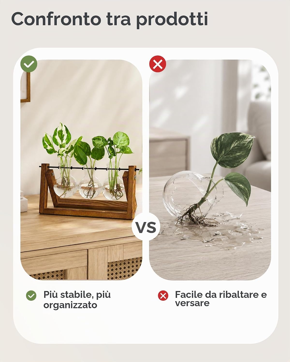 Detalle de Bamworld Stazione di Propagazione delle Piante Idroponiche con Supporto in Legno: 3 Vasi in Vetrografia per piante acquatiche e decorazione