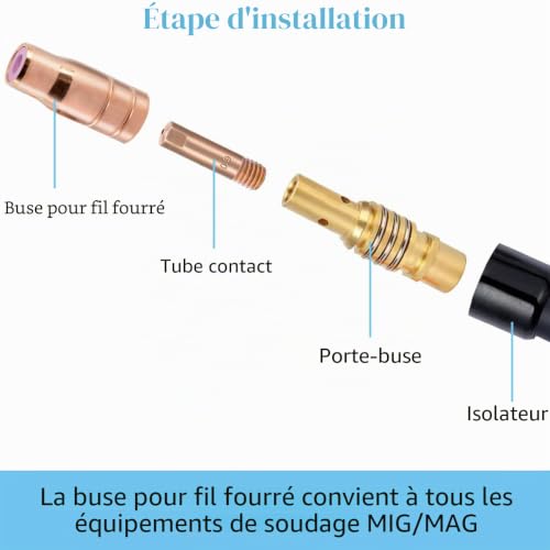 Detalle de Buse fil fourré EATBALE pour torches 14/15 MIG/MAG – Pack de 4 buses et kit accessoire avec bague céramique