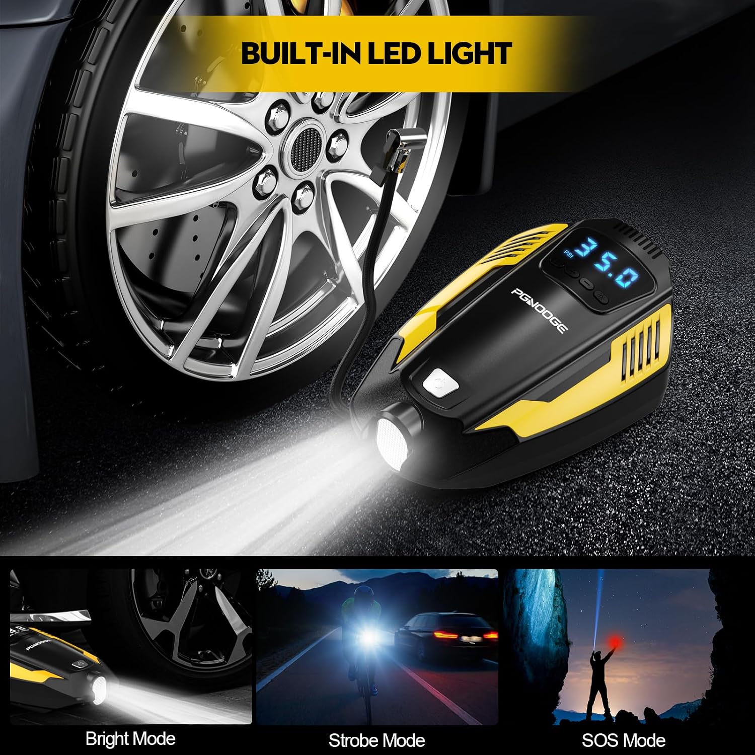 Detalle 1 de PGNOOGE ATJ-1466 autobandenpomp 12 V, 150 psi, automatische stop en ledlicht