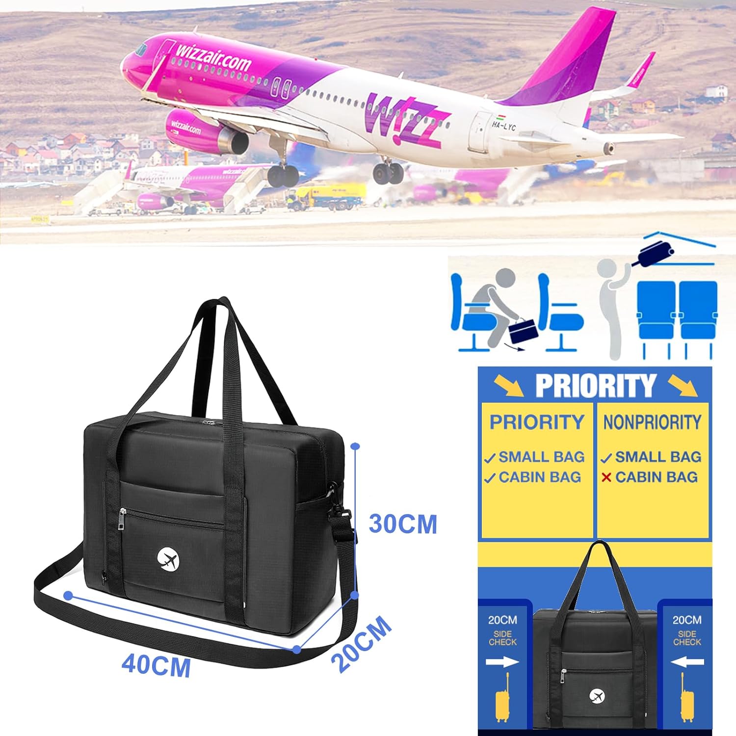 Thumbnail 1 de PALAMEA Foldable Travel Bag (40 x 30 x 20 cm), 20L foldable carry-on for Wizz Air and Eurowings hand luggage, Black