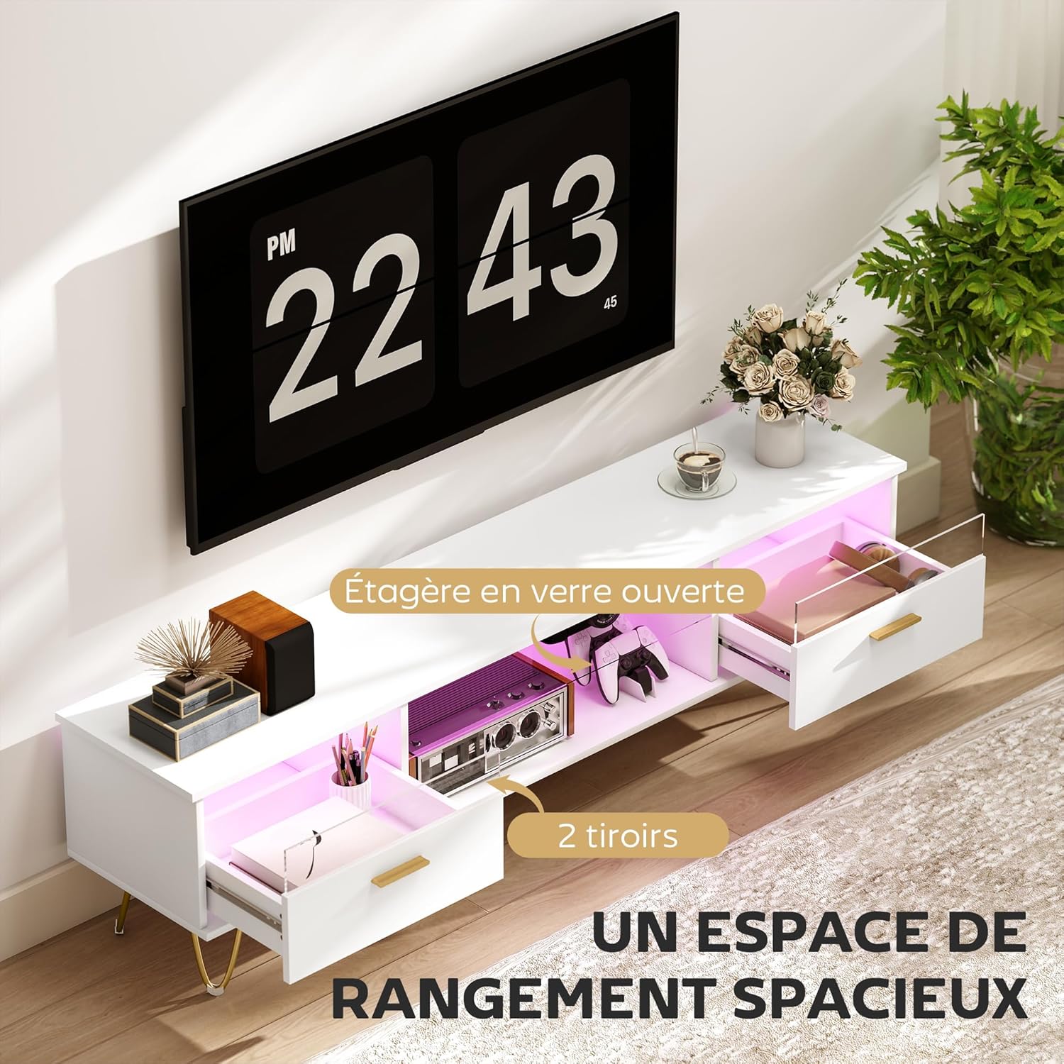 Thumbnail 3 de HOMCOM Meuble TV Blanc avec LED RGB à 16 couleurs, 160 cm – Éclairage d’ambiance et rangement moderne pour TV 42–120 pouces