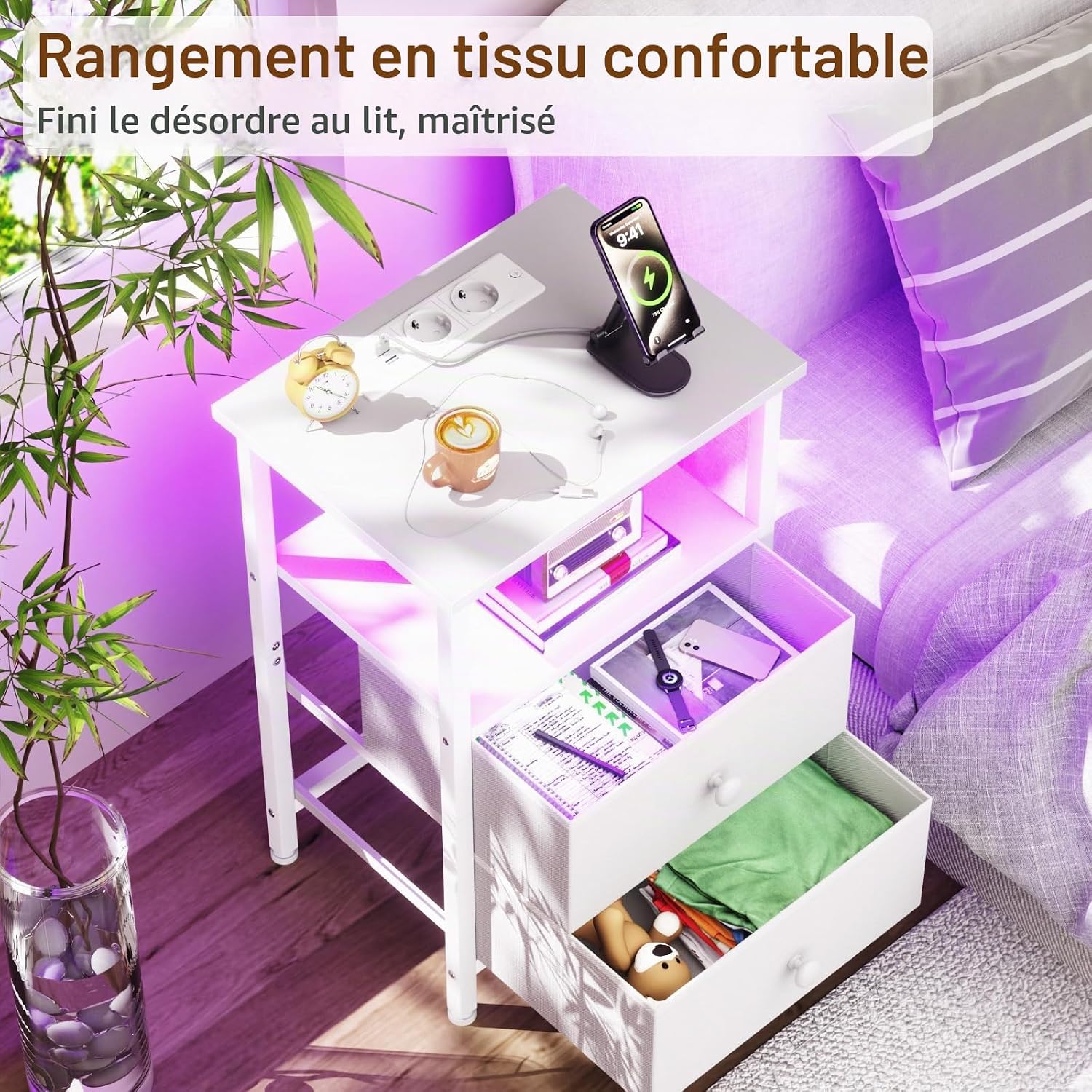 Detalle 2 de AMHANCIBLE HETS02WT-1 LED-nachtkastje met RGB-leds, stopcontacten en stoffen laden