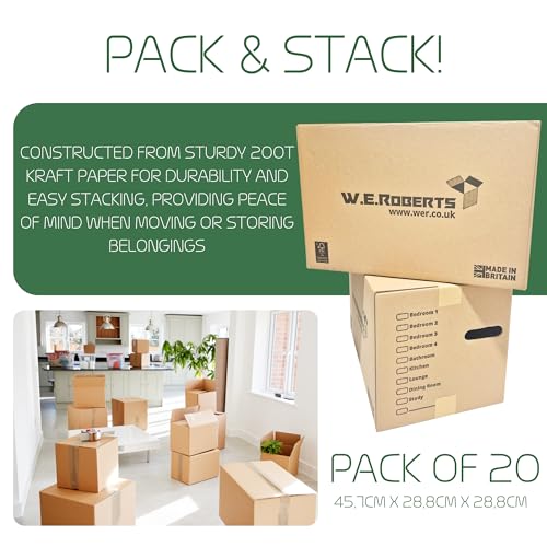 Detalle 2 de Moving Boxes x 20 Large Strong Cardboard Boxes by W.E. Roberts – 45.7 x 28.8 x 28.8 cm, with Handles and Room List