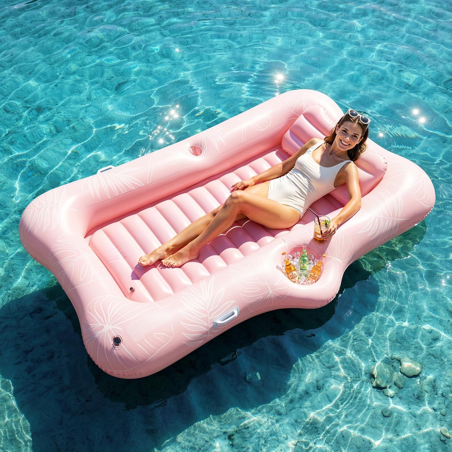 HeySplash Inflatable Pool Floats: Large Tanning Lounge with Headrest, Cup Holder and Ice Bucket