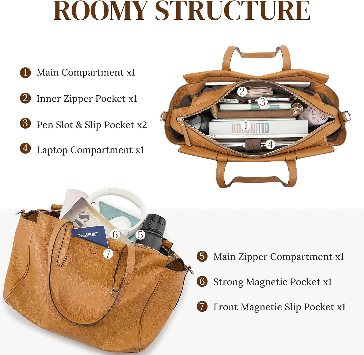 Detalle 2 de S-ZONE Genuine Leather Tote: Large Crossbody & Work Bag in Soft Pebbled Leather