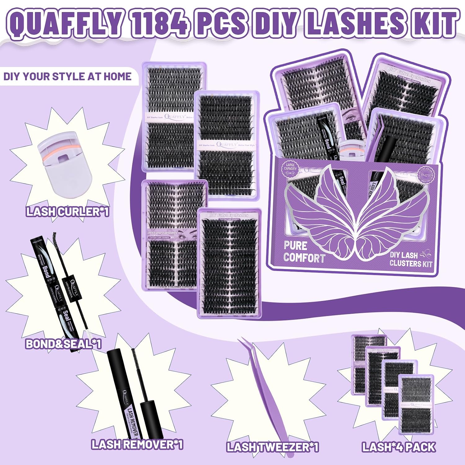 Detalle de QUAFFLY DIY Lash Cluster Kit, 1,184 Clusters, 40D–100D, 8–18 mm