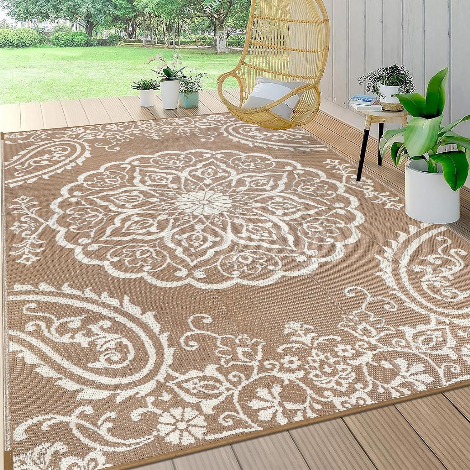 Detalle de Pauwer 6' x 9' Outdoor Rug, Reversible Waterproof Boho Brown Patio Mat