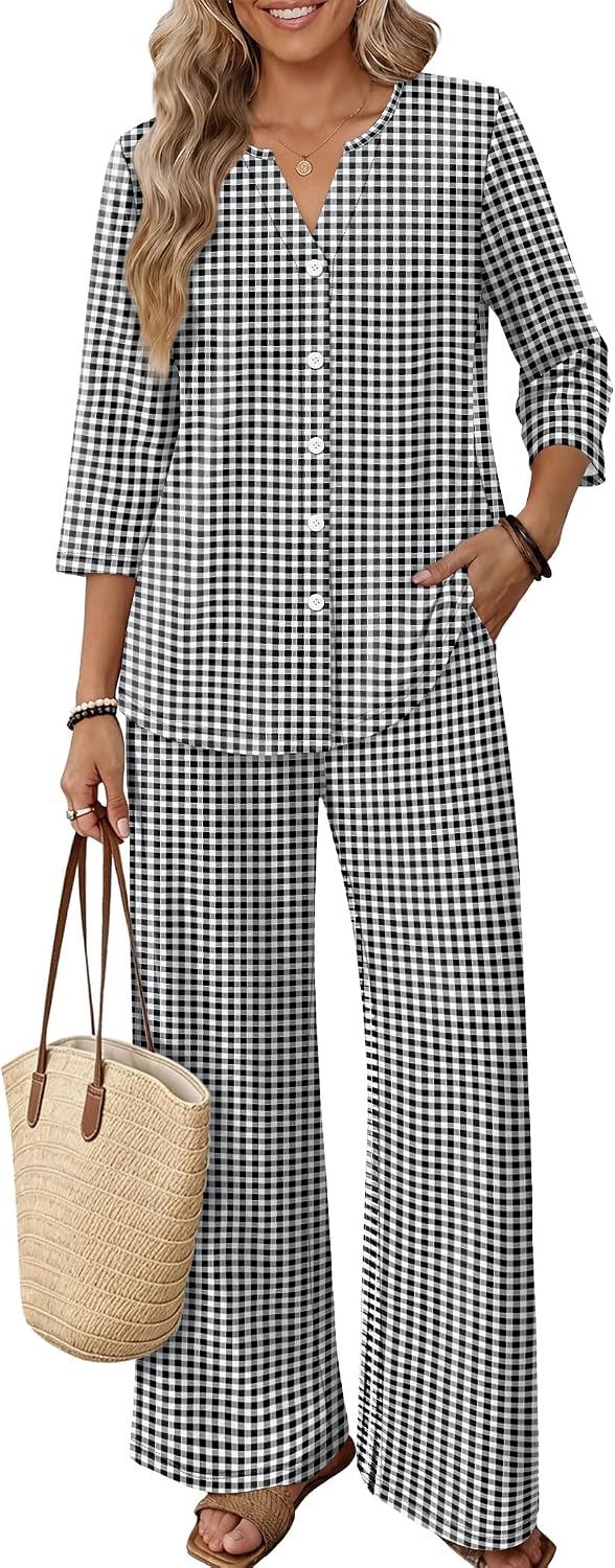 Detalle de OFEEFAN Women's 2-Piece Loungewear Set with 3/4-Sleeve Top