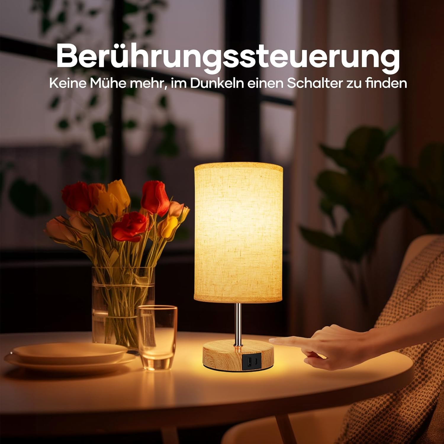Thumbnail 2 de Suright Touch-dimmbare LED-Nachttischlampe im 2er-Set mit USB-A & USB-C