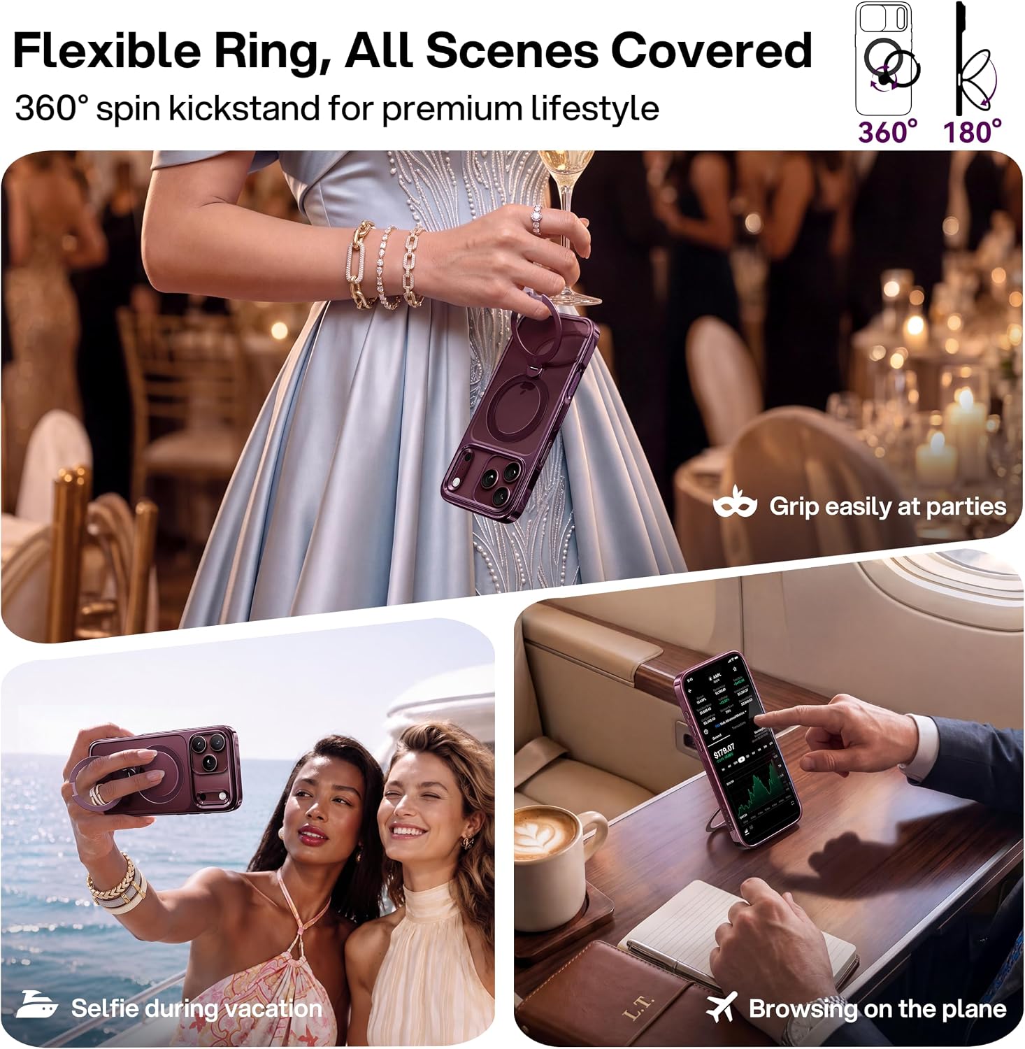 Detalle de CASEKOO Glossy Burgundy iPhone 18 Pro Max Case with 360° Magnetic Stand