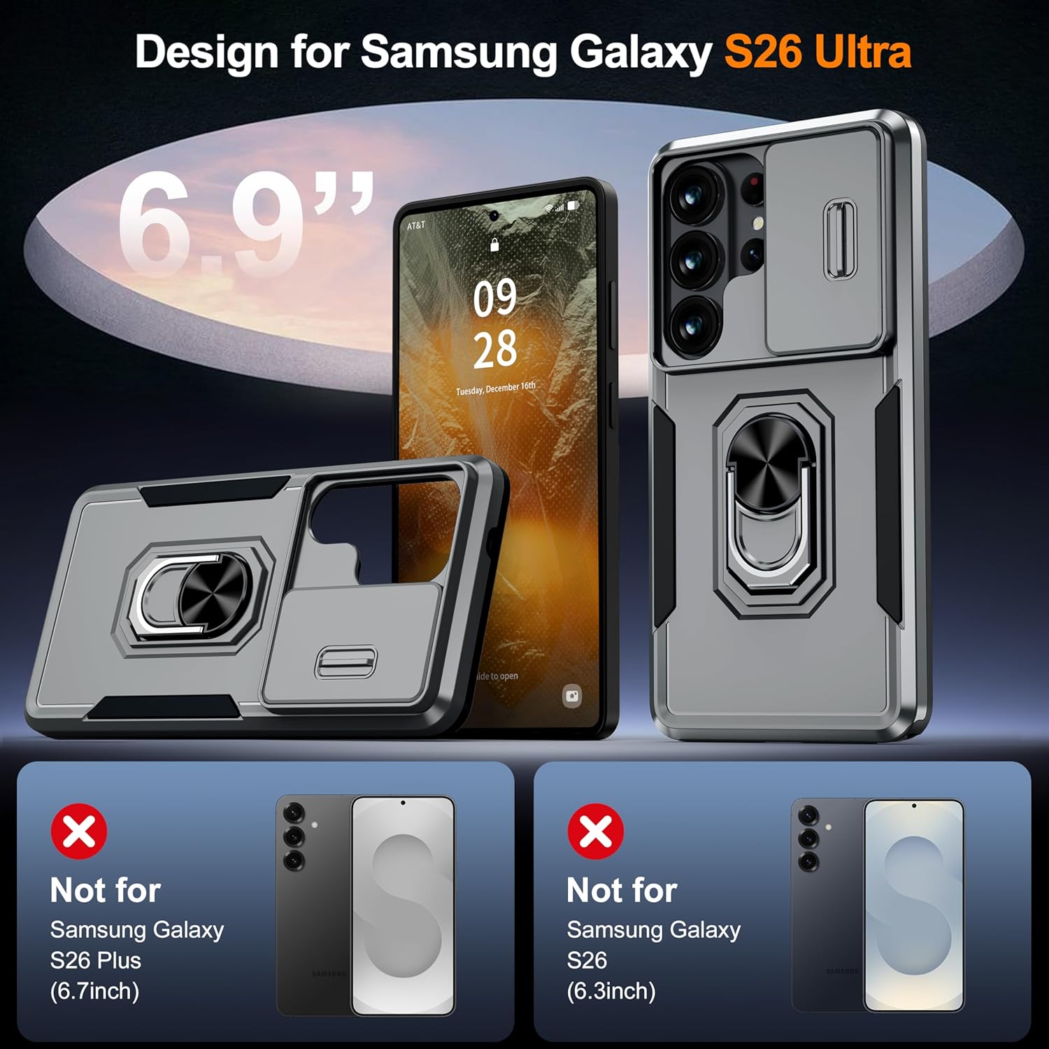 Thumbnail 6 de AMILIFECASES for Samsung Galaxy S26 Ultra case with slide camera cover, rotatable kickstand and 9H screen protector (Gray)