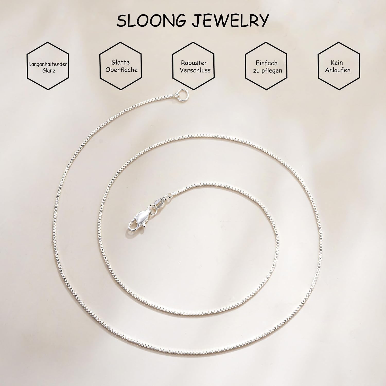 Detalle 1 de SLOONG Silberkette 925 Über Damen – 1 mm Box Kette, 41–61 cm, ohne Anhänger