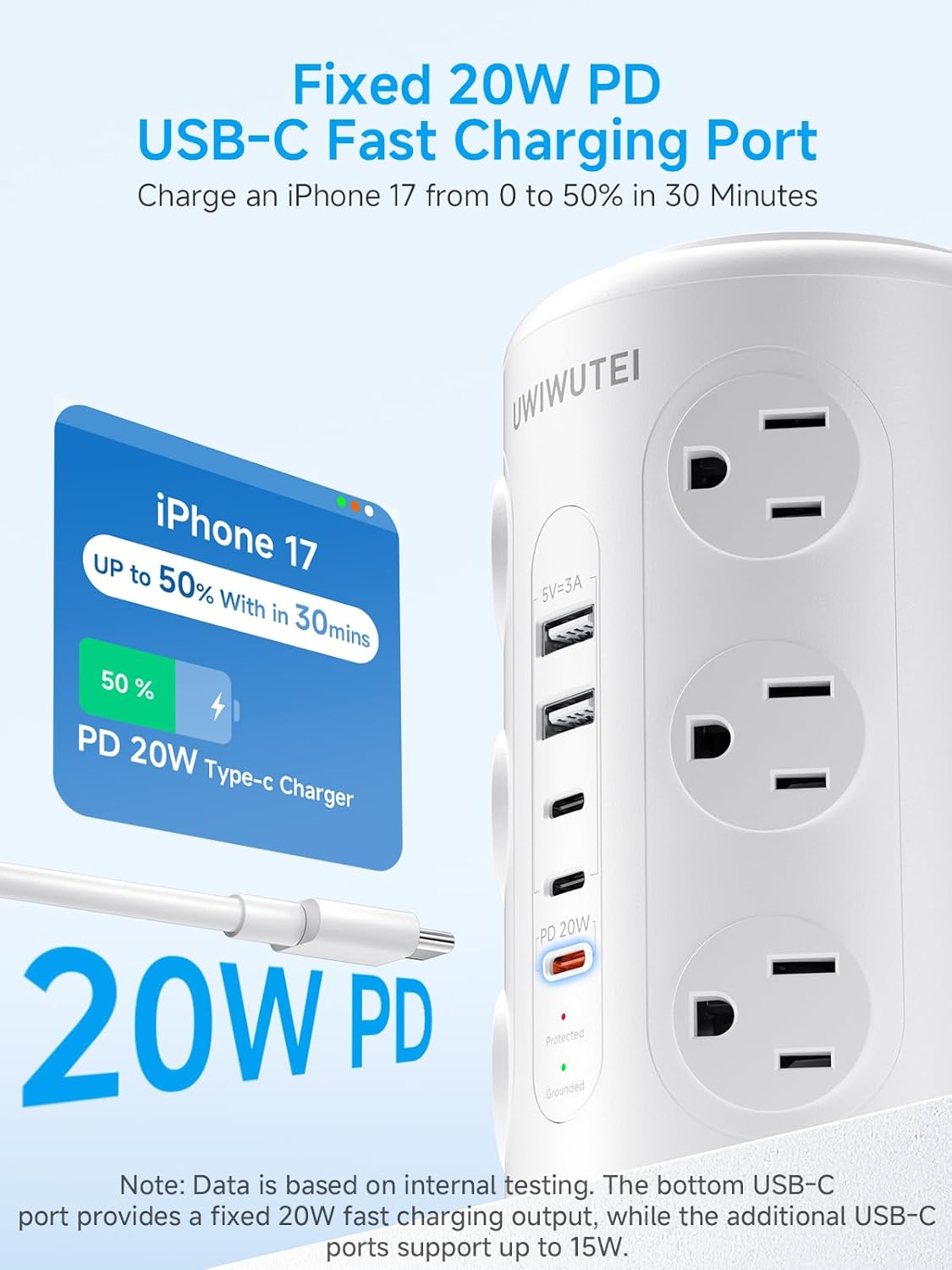 Thumbnail 1 de Tower Power Strip with 20W Dedicated USB-C PD Port, 12 AC Outlets and 5 USB Ports (3 USB-C) — Desk Charging Station