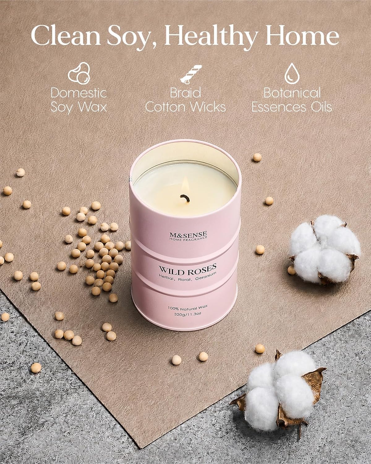 Thumbnail 2 de M&SENSE Wild Rose Scented Candle, 320g Organic Soy Wax – Floral, Non-Toxic Relaxation for Home