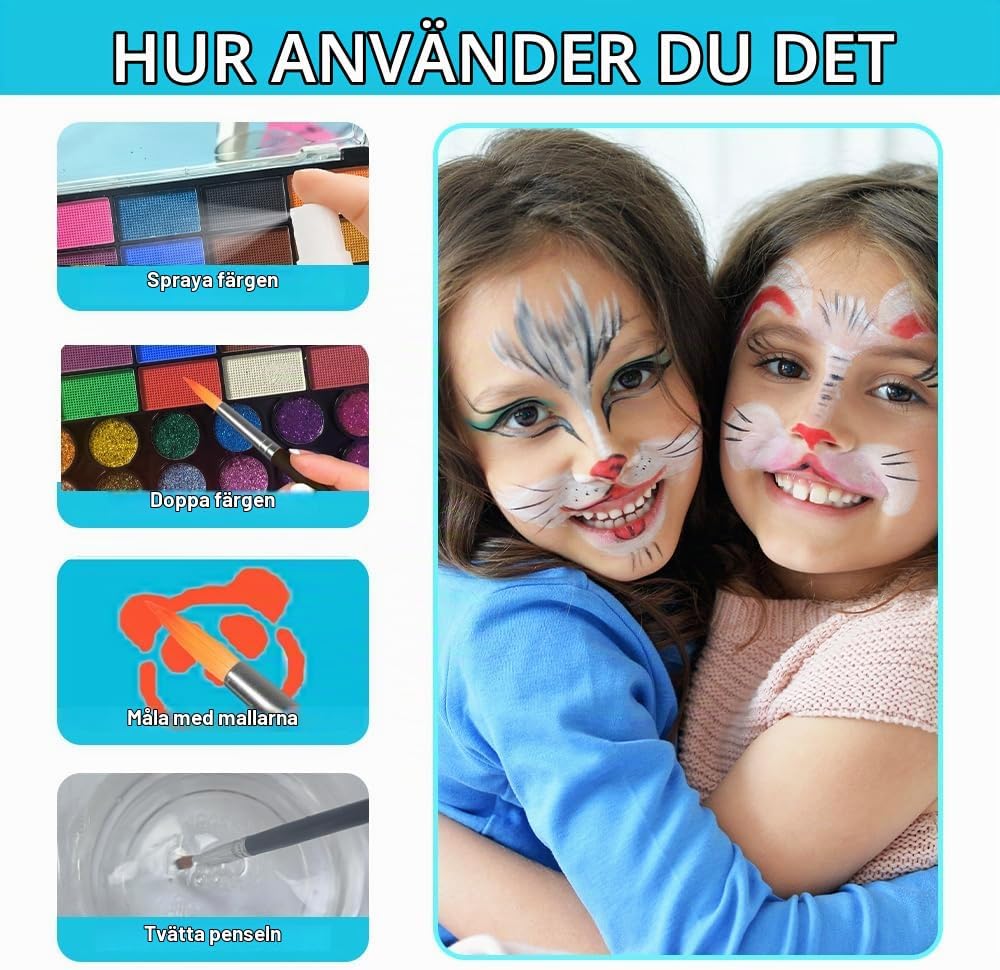 Detalle 2 de Kebuye 30042 ansiktsfärgset med 42 färger, penslar och schabloner