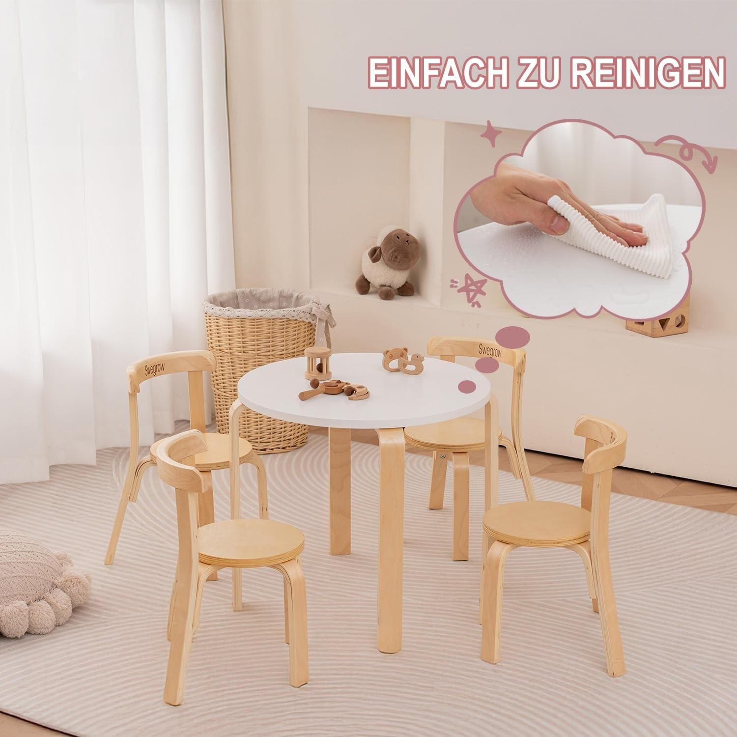 Detalle de Swegrow Kids Table and 4 Chairs Set — Wooden Table and Chairs for Kids & Toddlers (3–8 years)