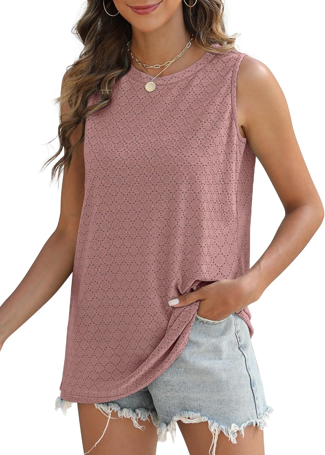 Detalle de Sampeel Women’s Eyelet Loose Crew Neck Tank Tops (Sleeveless Summer Shirts)