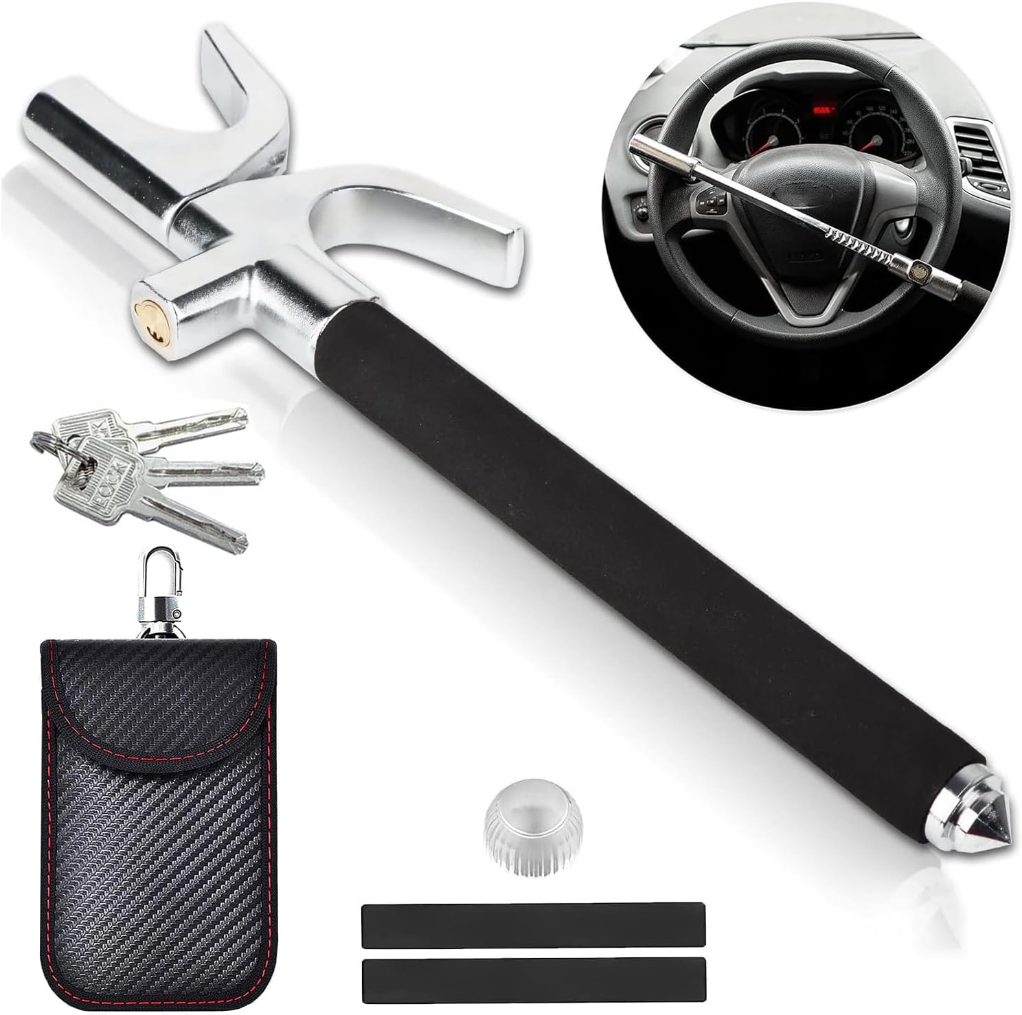 Detalle de BURNTOP Heavy Duty Steering Wheel Lock with 3 Laser Keys + RFID Key Signal Blocker Pouch