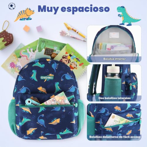 Detalle de GAGAKU Mochila infantil Dino: 32 cm para 2–4 años, pana suave y seguridad reflejante