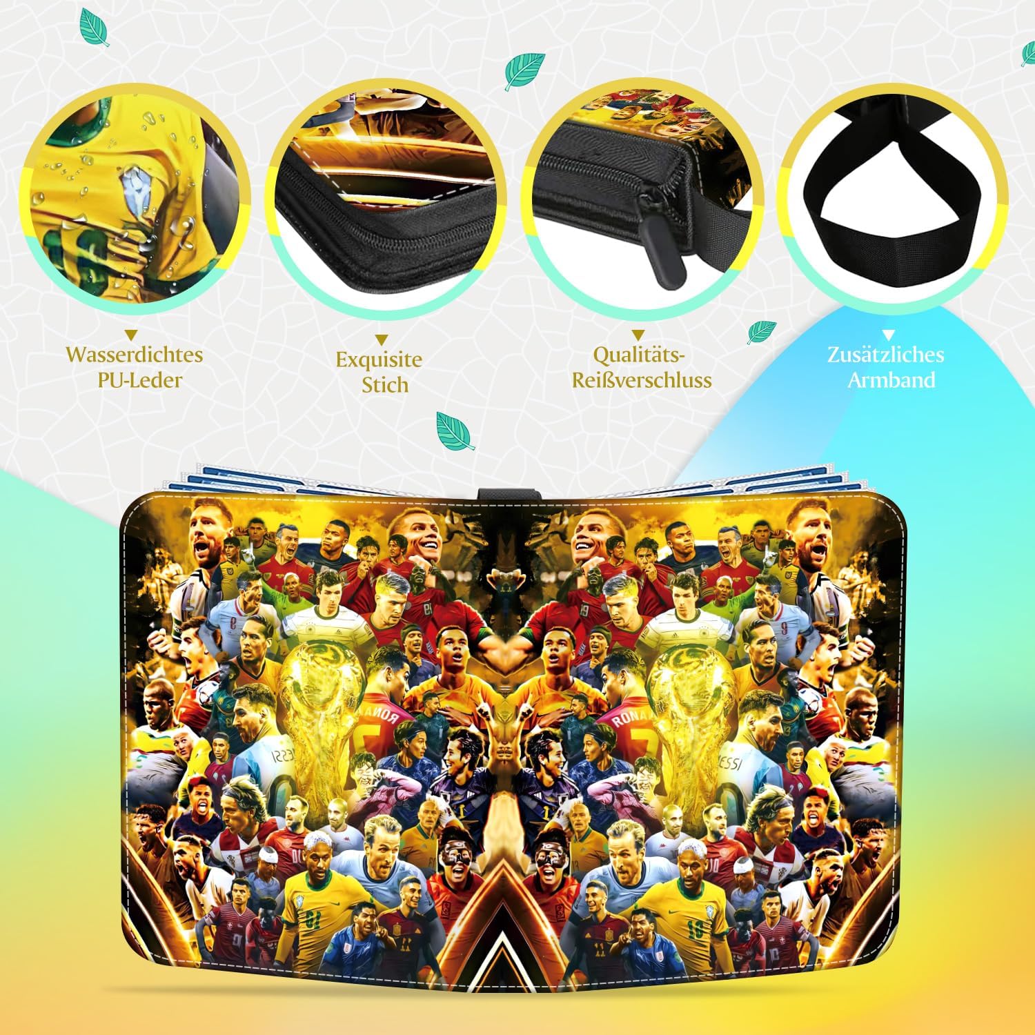 Detalle 2 de Fussball Karten Sammelalbum groß – 9 Taschen, 900 Karten Kapazität, wasserdichtes PU/Leder, 50 Seiten