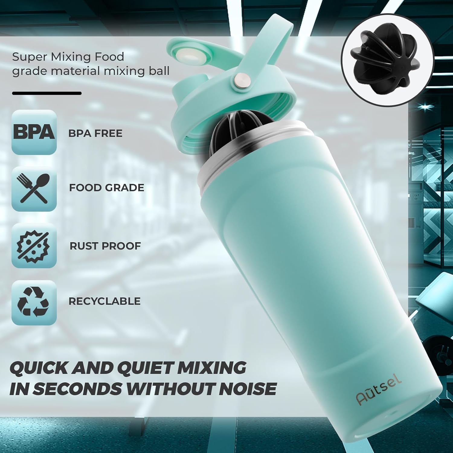 Detalle de Autsel Protein Shaker 750ml Stainless Steel with MixBall – Leak‑Proof, Insulated and BPA Free (Blue Green)
