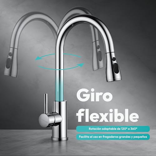 Detalle de JUPPLIES Grifo Cocina Extraíble – Acero Inoxidable 304, giro 360° y 3 modos de agua