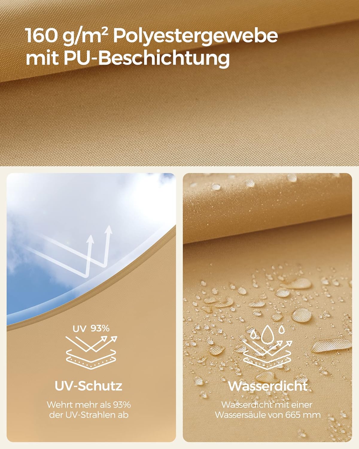 Thumbnail 2 de SONGMICS GSH23EY Sonnensegel 2 x 3 m wasserdicht (UV-Schutz 93%, Wassersäule 665 mm) für Terrasse, Garten & Balkon