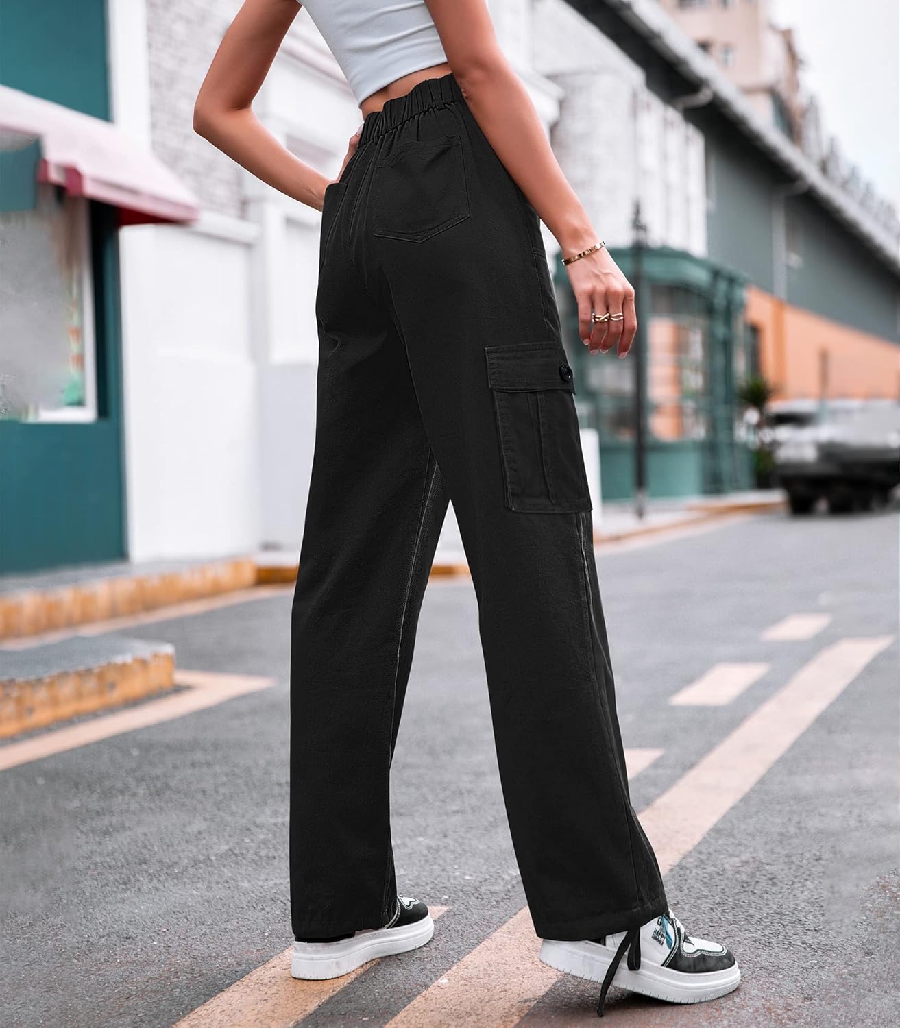 Detalle de Dordanity Y2K Cargohose für Damen – Baggy Baggy-Hose mit High Waist und Multi-Taschen