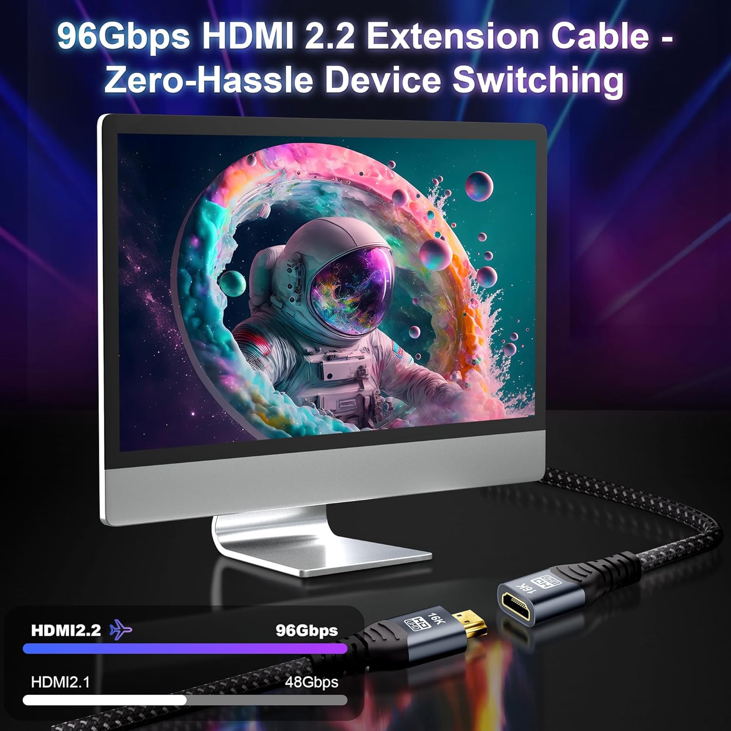 Detalle de CAKOBLE HDMI 2.2 Male to Female Extension Cable 1.5m – 96 Gbps, 16K & 8K Ready
