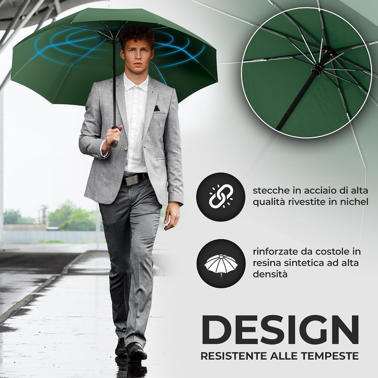Detalle de Ombrello Pieghevole Portatile Antivento con Apertura Automatica e 9 Stecche Rinforzate – Compatto e Resistente per Viaggio e Ufficio
