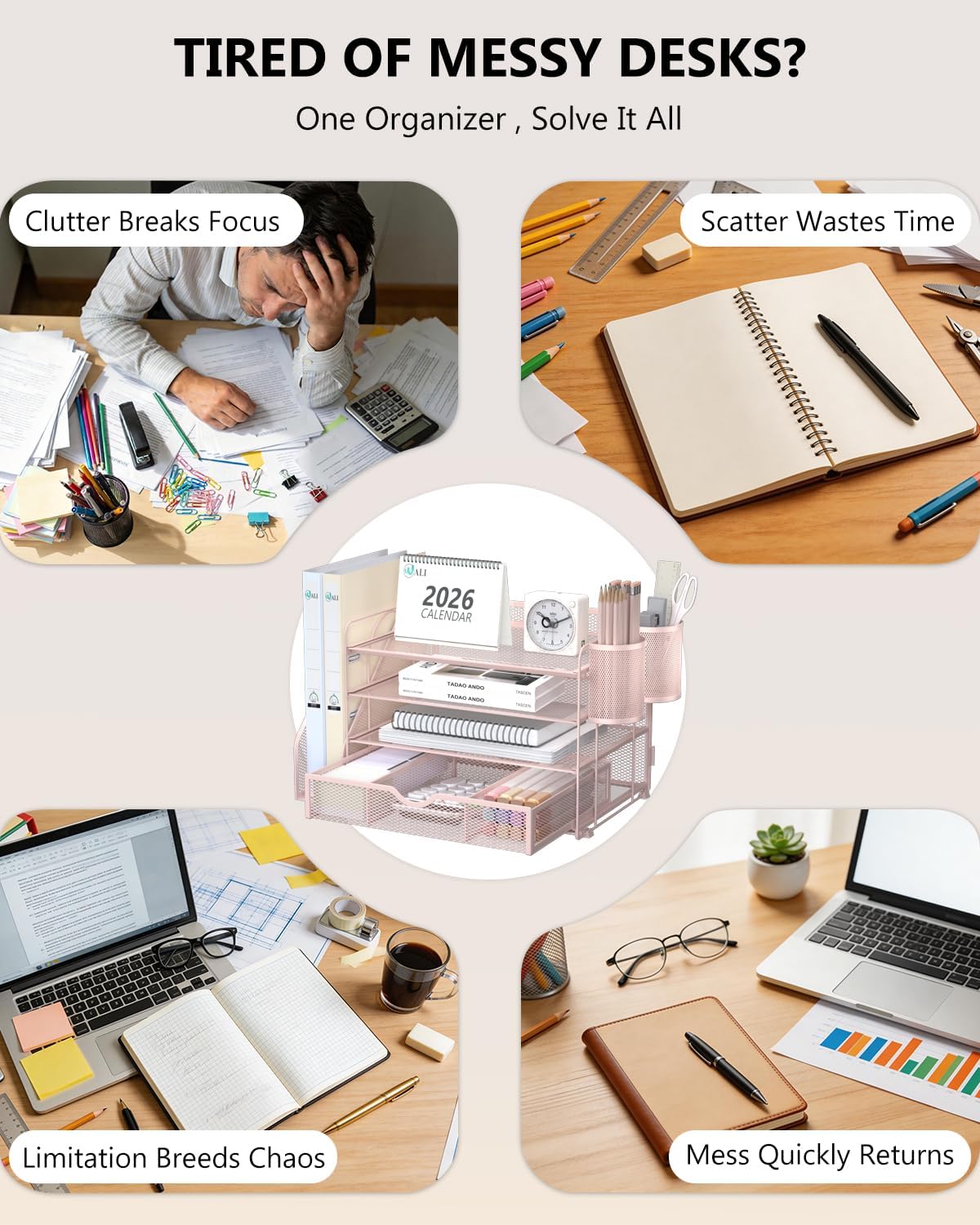 Detalle de WALI DO005DH-P 4-Tier Desktop File Organizer with Drawer and Pen Holders, Pink