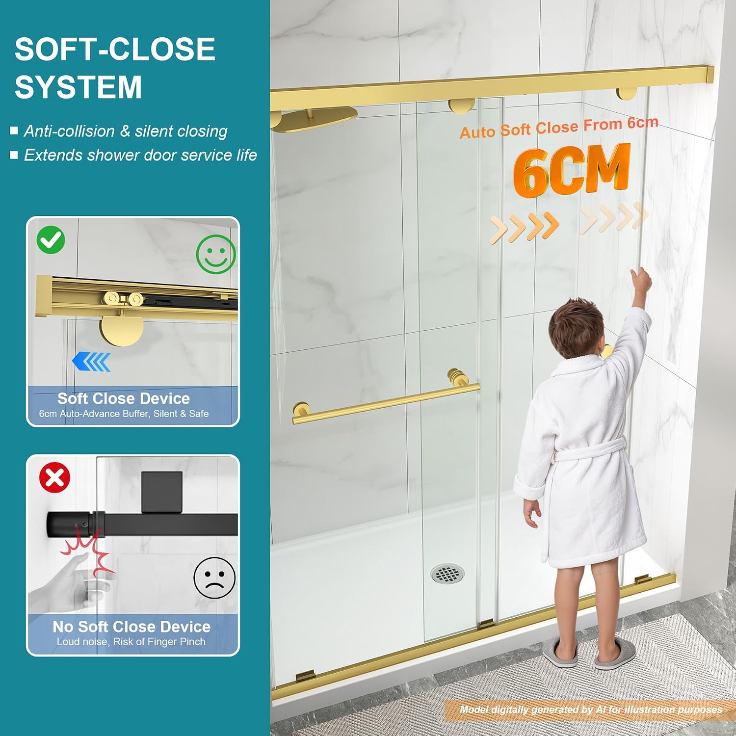 Detalle de EPDXLXM Frameless Double Sliding Shower Door, 55–60-Inch Width