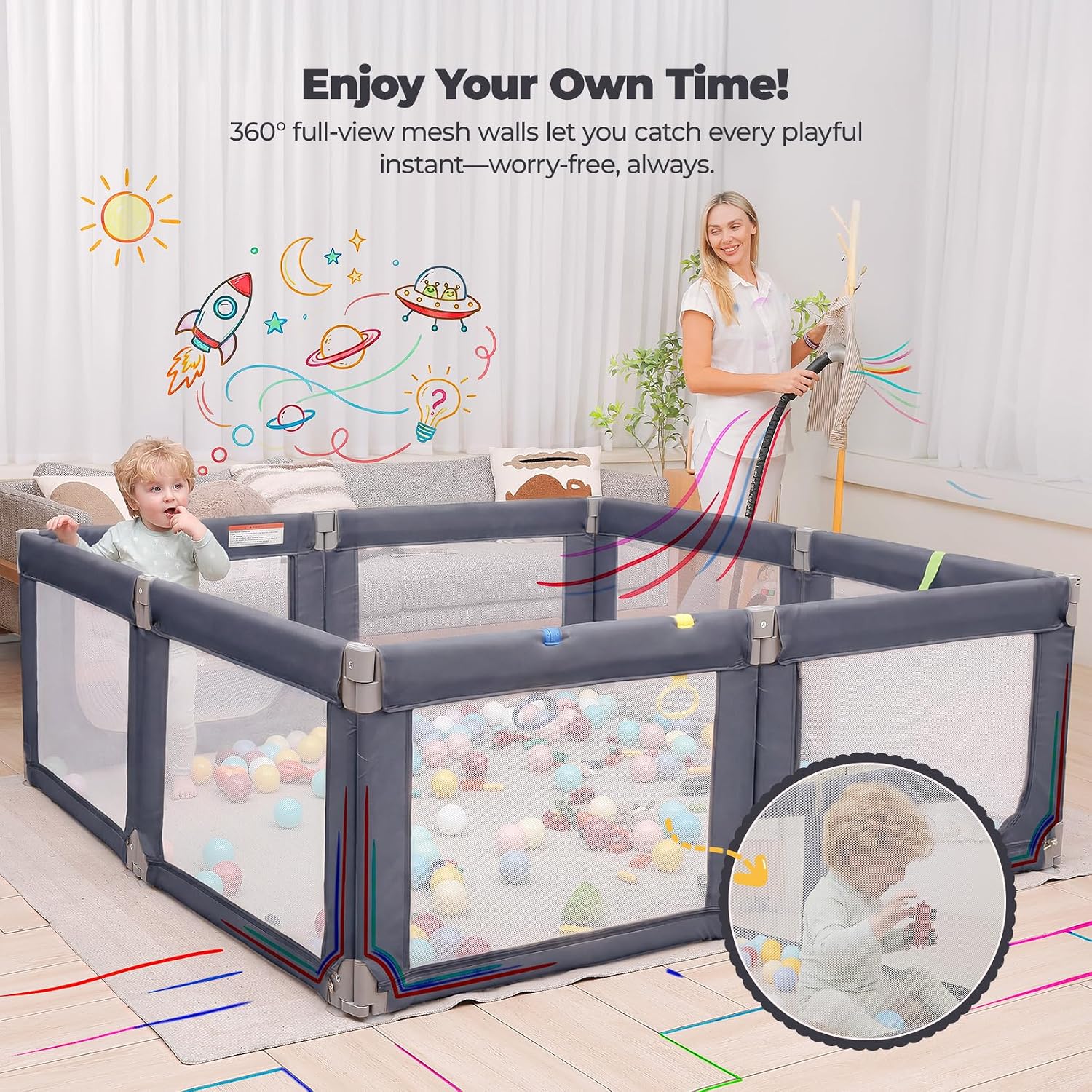 Detalle 2 de Kidirect Foldable Baby Playpen, 71" × 69", Gray Mesh, 8 Panels