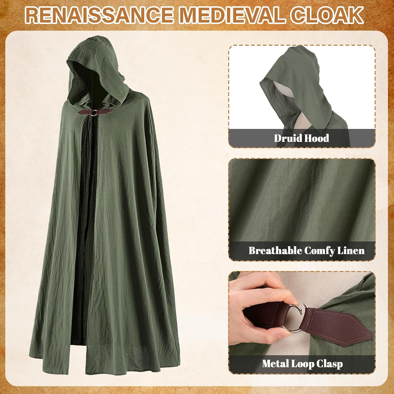 Detalle de Ibeauti Renaissance Hooded Cloak, 100% Cotton Medieval Costume Cape