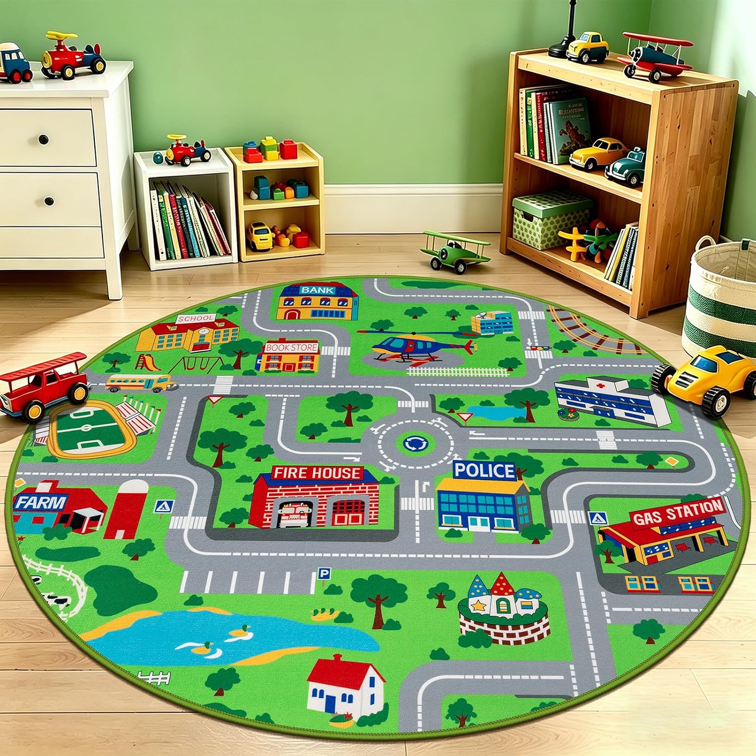 Detalle de Capslpad Kids Play Mat Round 120 cm: Non-Slip City Road Play Rug for Nursery, Playroom or Bedroom