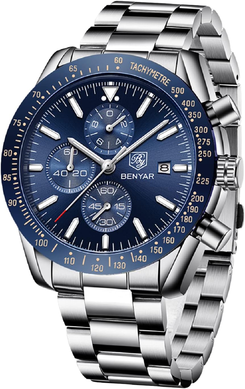 Detalle de BENYAR Herrenuhr Analog Quartz Chronograph – 45 mm, Lederband, 30M Wasserdicht