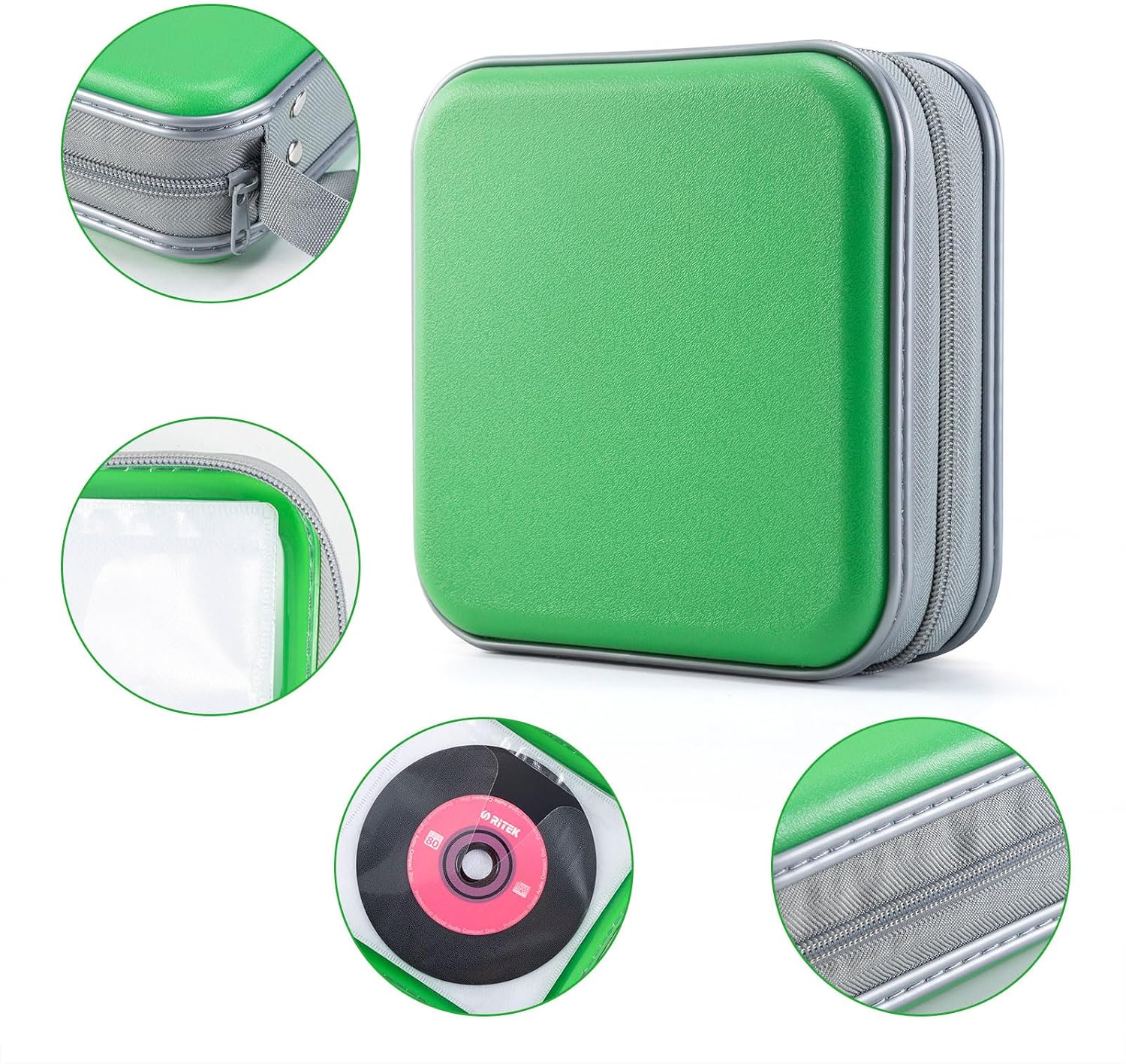 Detalle de LIOVODE 48 Capacity CD Case – Portable DVD Wallet in Green