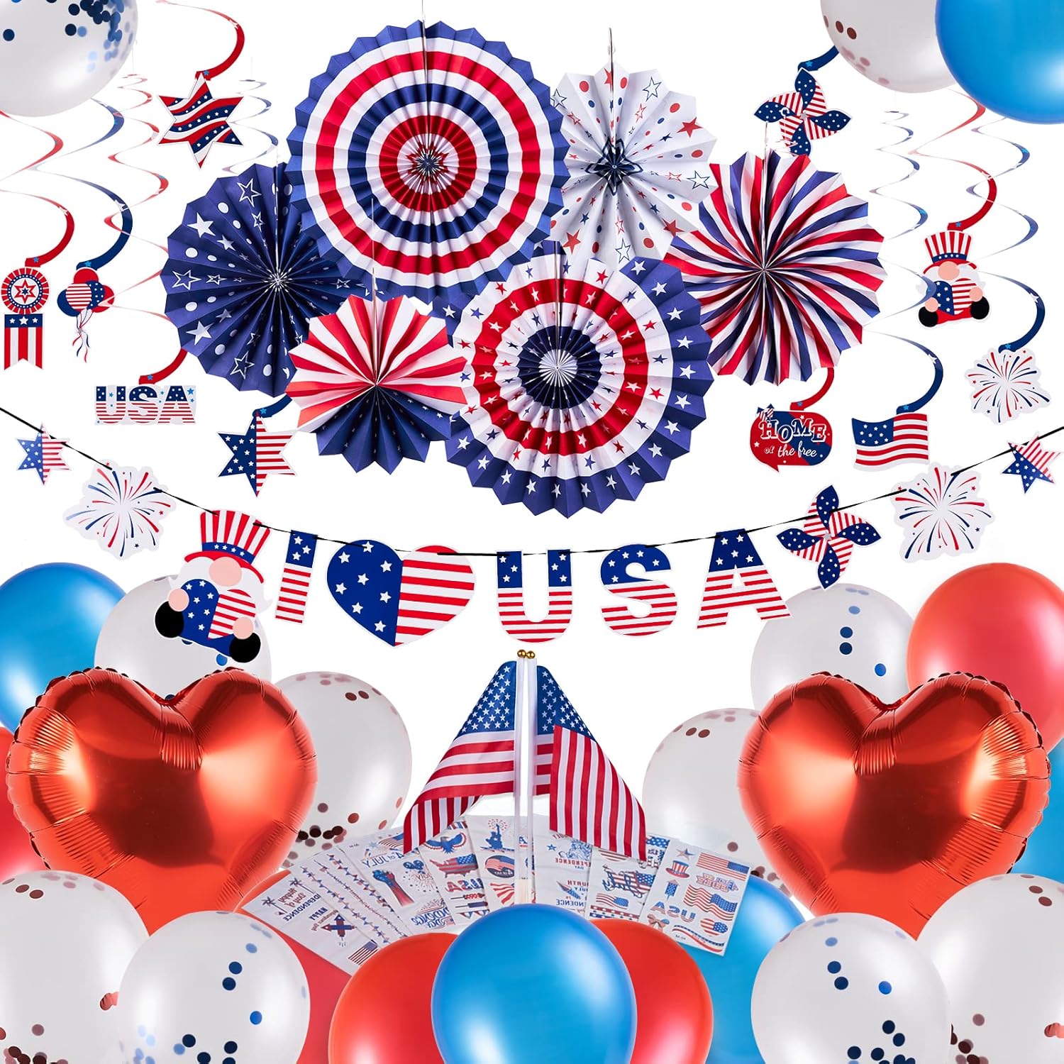 Detalle de SUNBEAUTY Unabhängigkeitstag Party Dekoration Set – 4. Juli USA Deko mit Flaggen, Luftballons, Papierfächern, Girlande und Tattoo-Aufklebern