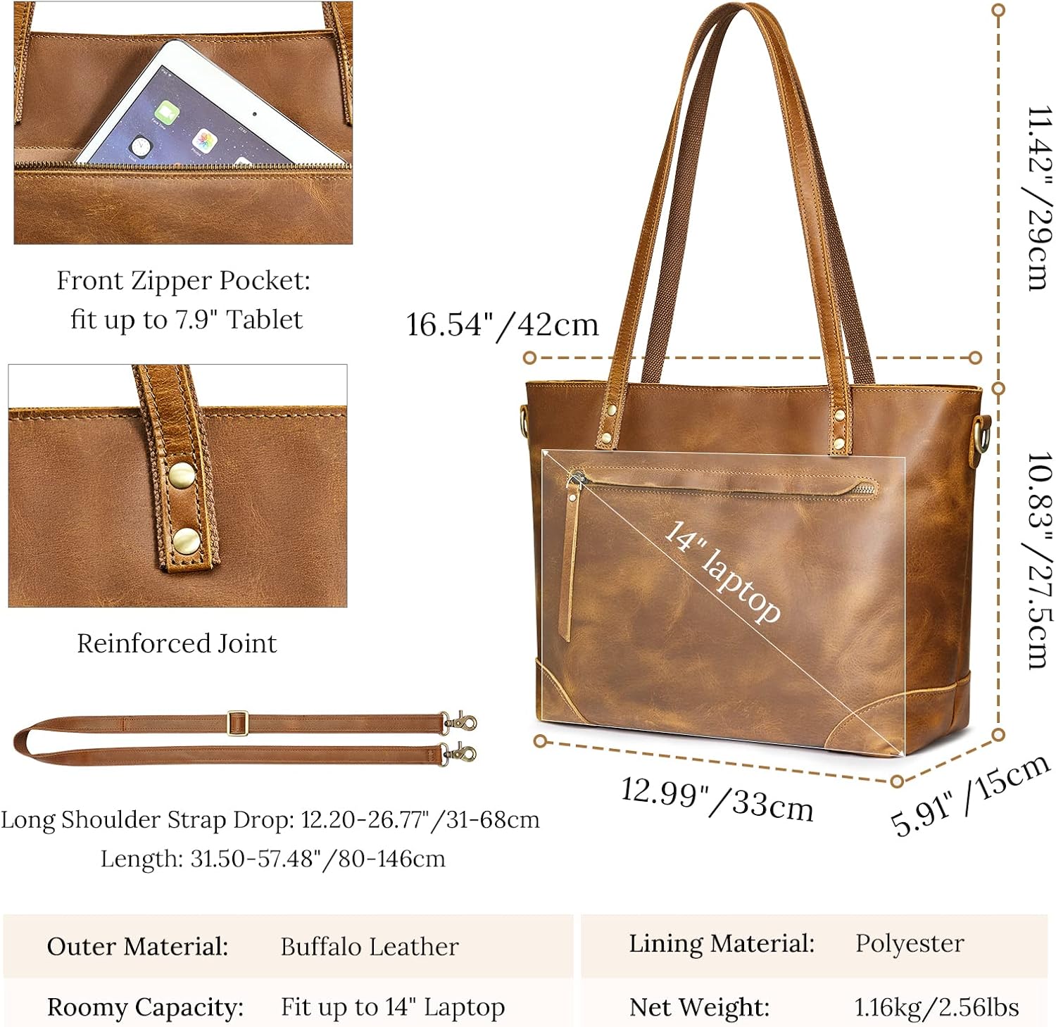 Thumbnail 3 de S-ZONE Femmes Vintage 3-Way : Sac fourre-tout en cuir Crazy Horse avec bandoulière
