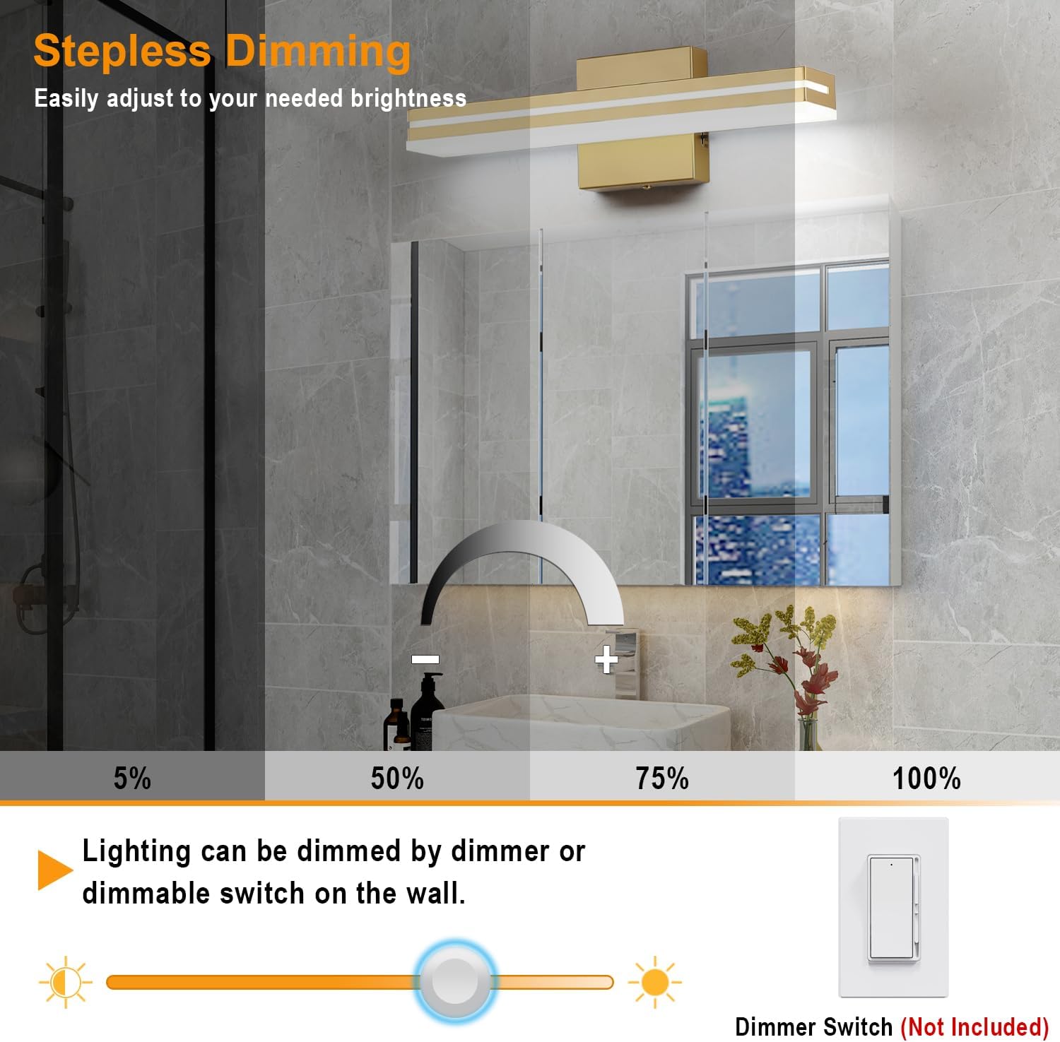 Detalle de SineRise 603903aa-3e15-4b13-a5d6-2ffb60285ba0 16-Inch LED Vanity Light, Dimmable, Gold
