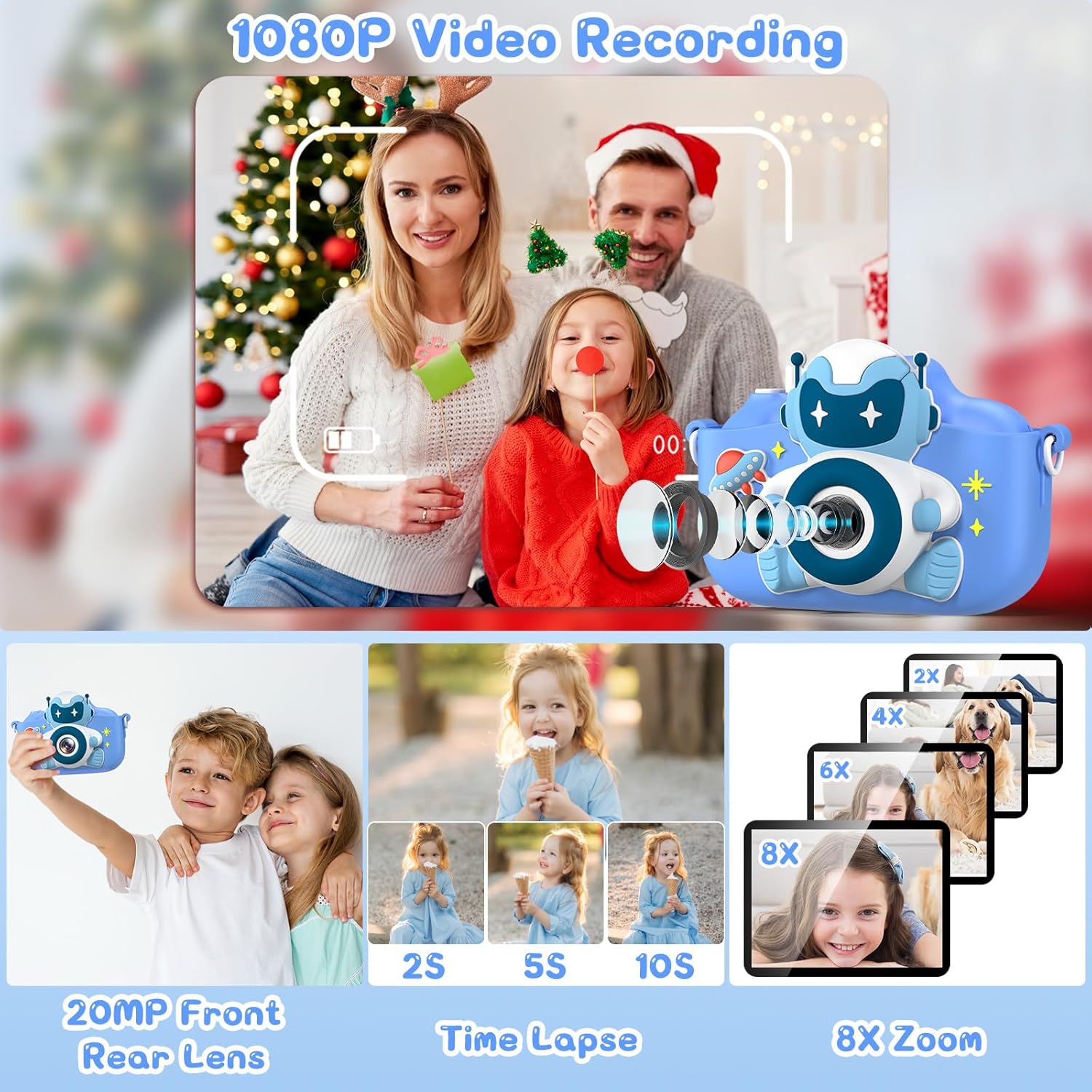 Thumbnail 3 de Gofunly Kinderkamera 1080P mit 2,0-Zoll-Display, Selfie & 32GB-Karte (für 3–12 Jahre) – Blau